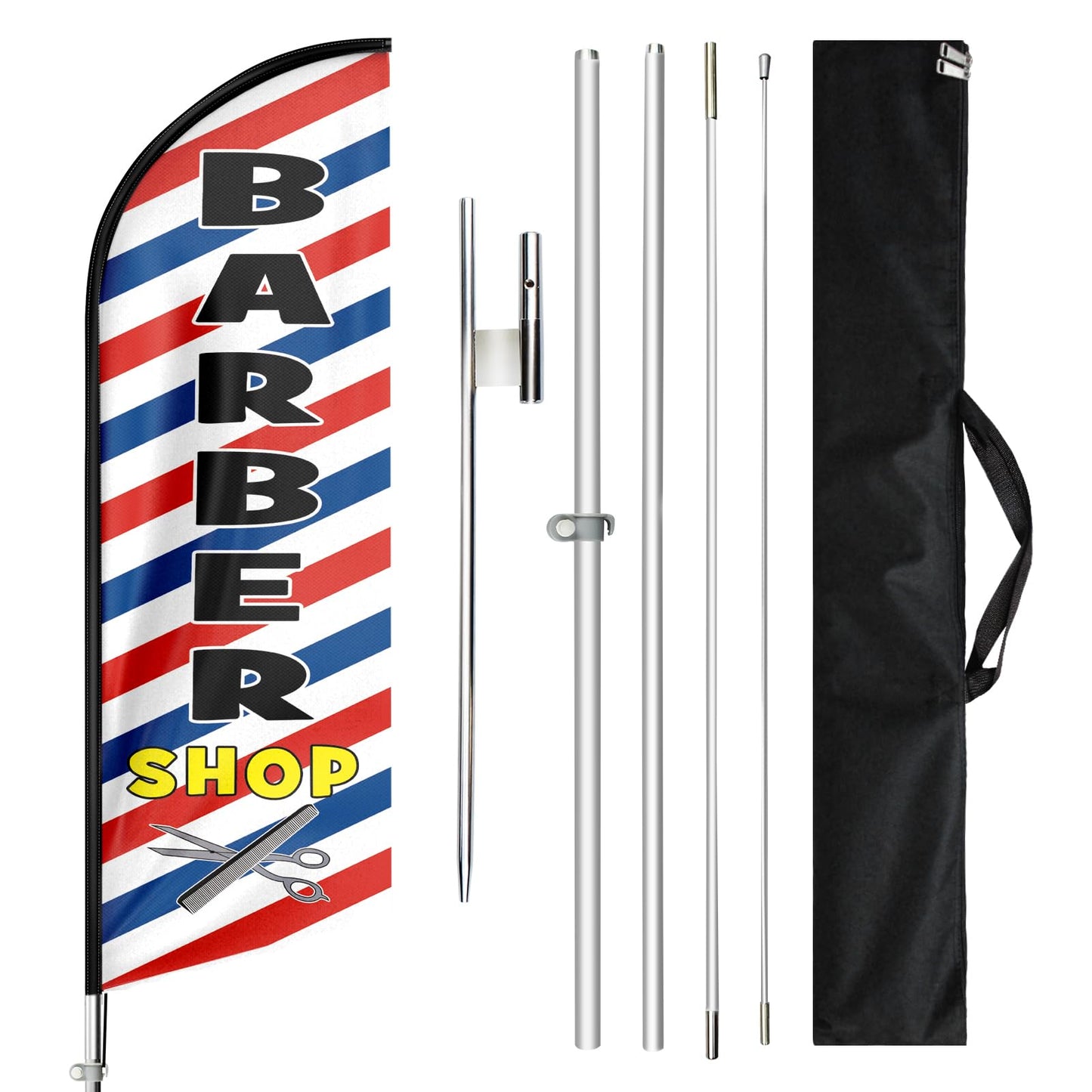 QSUM Barbershop Swooper Flag, 11FT Windless Feather Flag with Aluminum Alloy Poles/Stainless Steel Ground Stake/Portable Bag, Red and White, 79 Inch, Rectangular, Barbershop Occasion