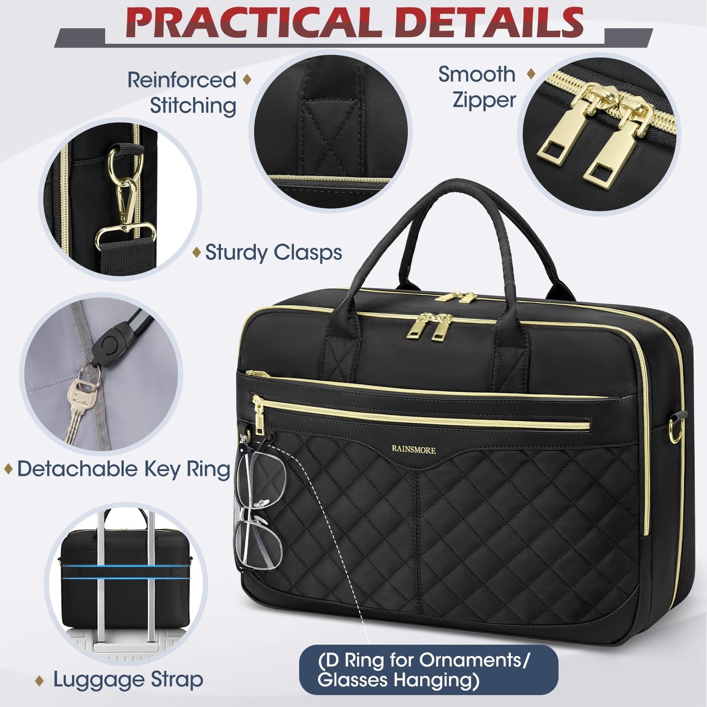 RAINSMORE Laptop Bags for Women 17 Inch Laptop Briefcase Waterproof Messenger Bag Large Computer Bag for Business Office Work College, Black