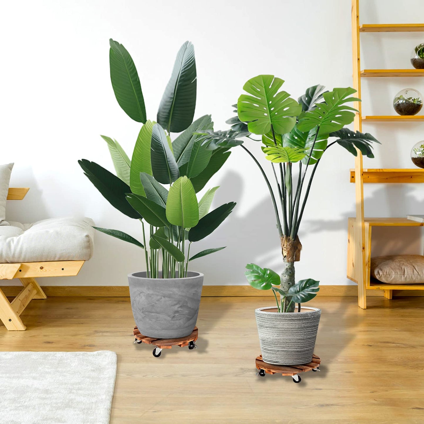 2 Pack Plant Caddy Wood 12 Inch Plant Stand with Wheels Round Roller Plants Stand Heavy Duty with 360° Lockable Casters for Outdoor Indoor Plant Pot/Flower Pot/Patio
