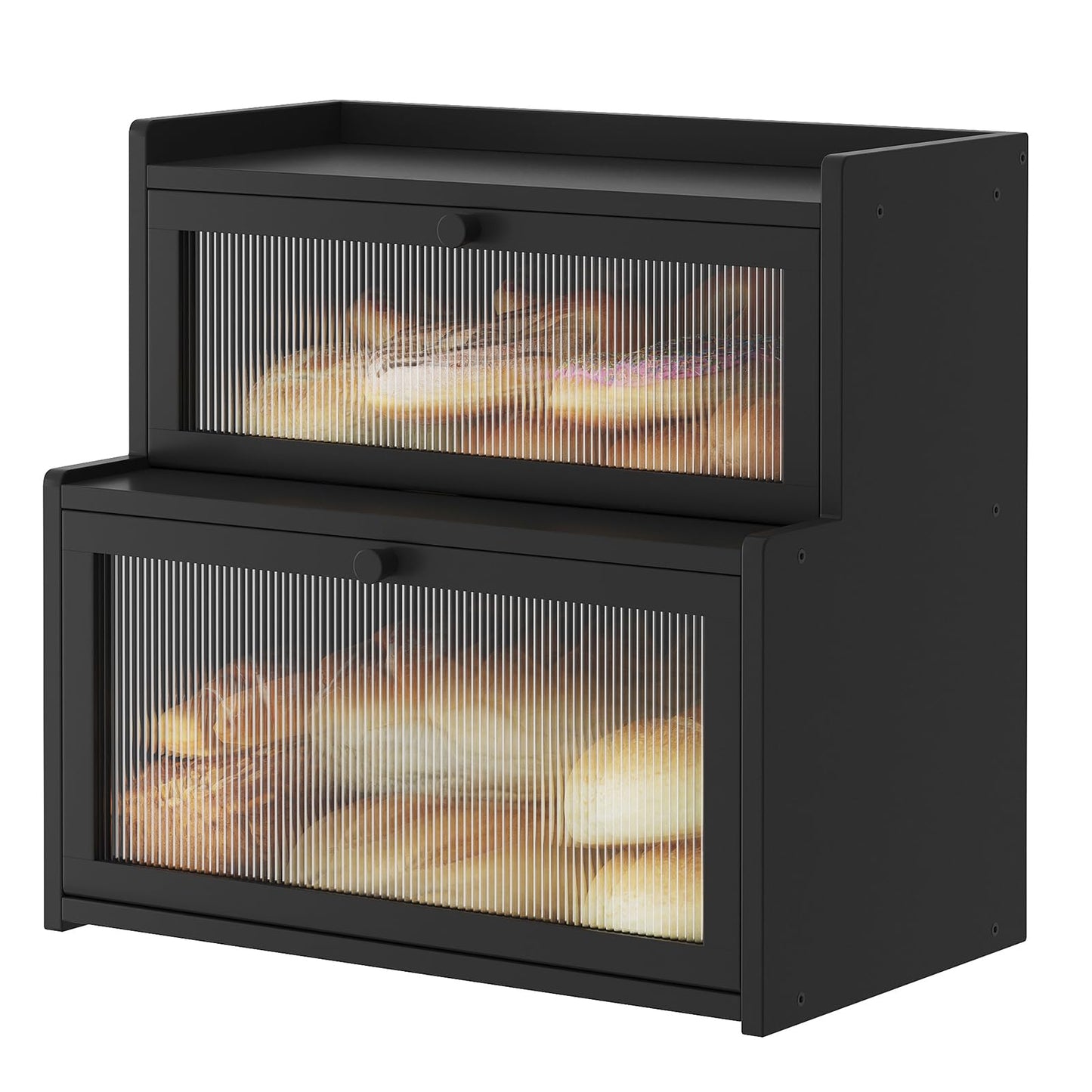 Furshus Double Layer Bamboo Bread Box for Kitchen Counter,Bread Holder,Countertop Bread Storage with Window (Black)