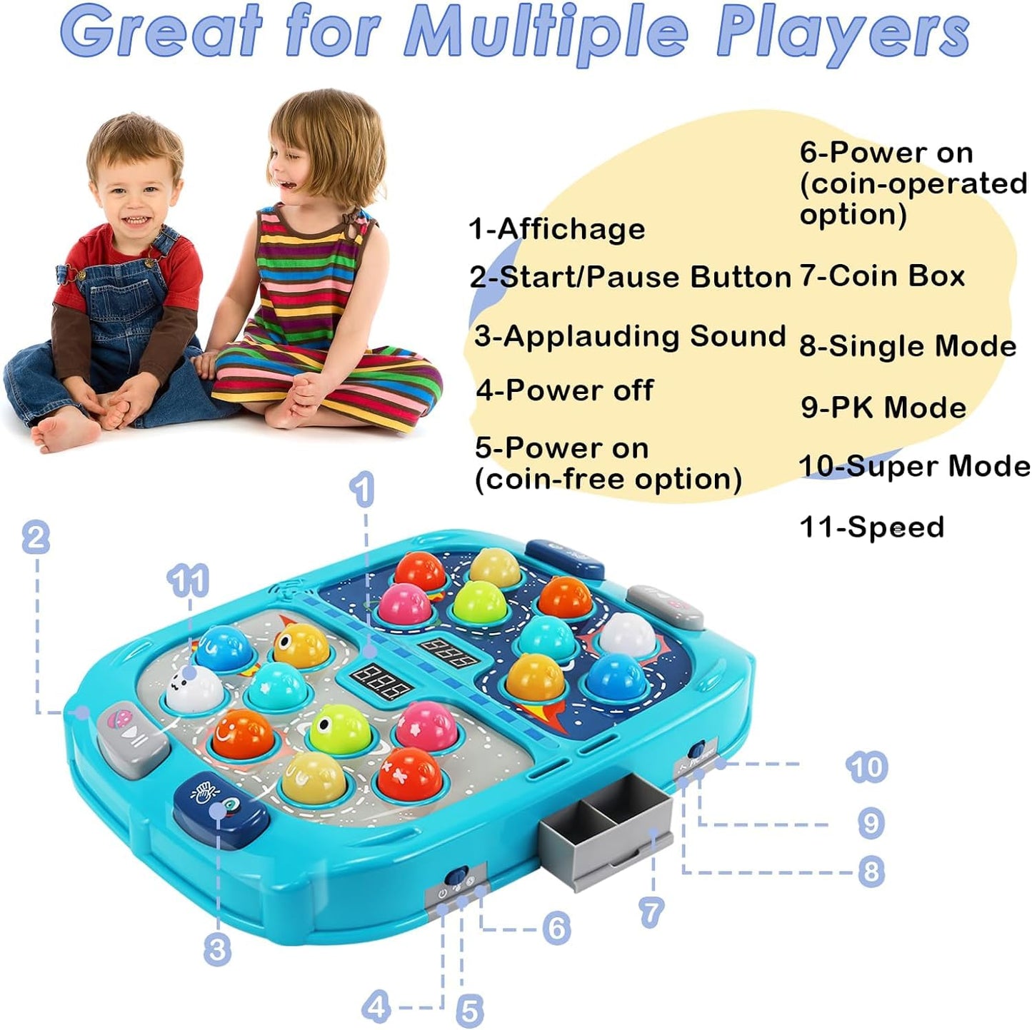 Whack A Mole Game for Kids Ages 3-10, Interactive Pounding Toy with 2 Hammers, 3 Modes 9 Levels Interactive Learning Game with Lights & Sounds,Gift for Boys Girls, Blue