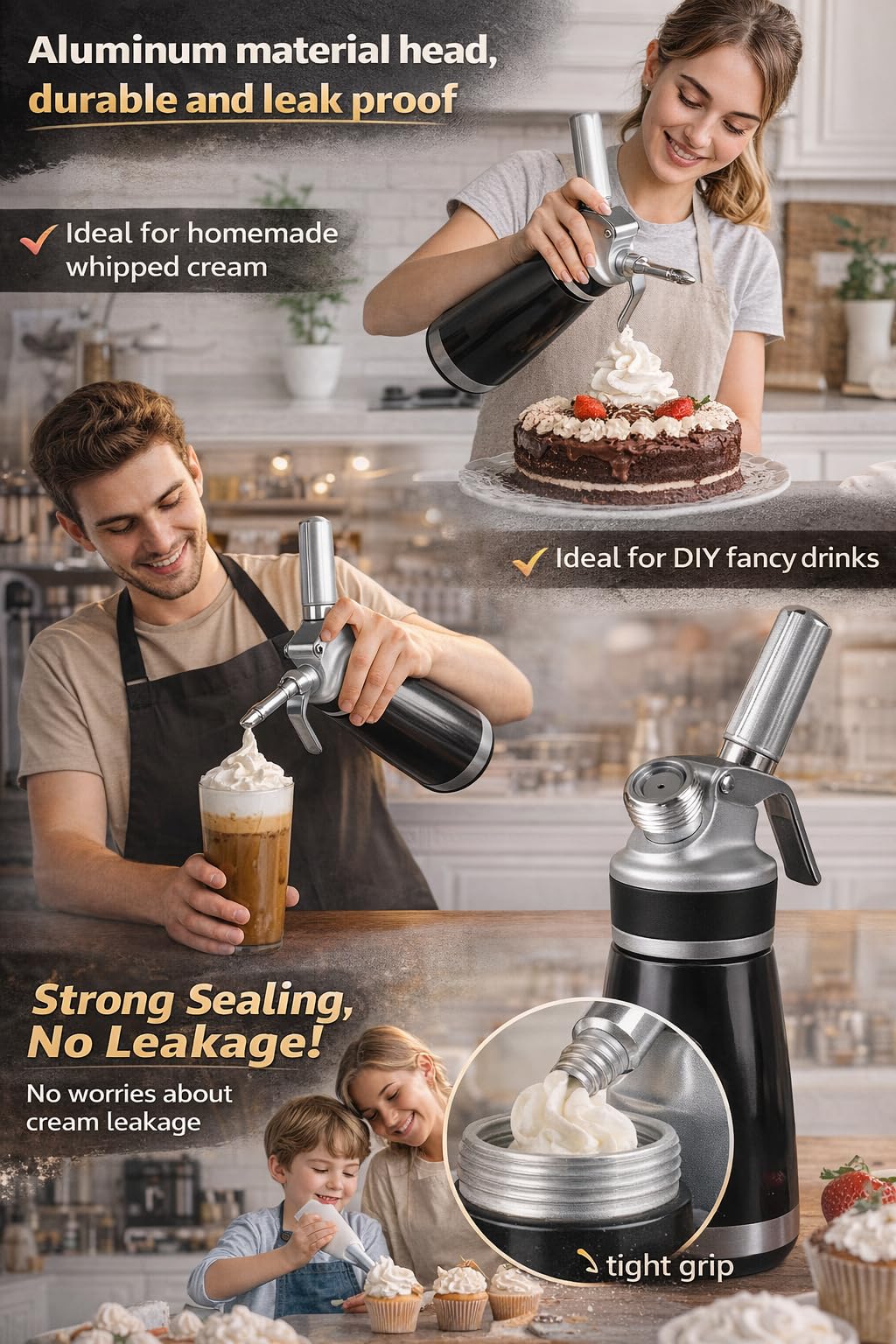 Professional Whipped Cream Dispenser – Ultra-Thick Aluminum Body & Stainless Steel Nozzle, 500ml/1000ml, Multiple Colors – Heavy Duty Cream Whipper for Desserts, Coffee, Cocktails–500ML-White
