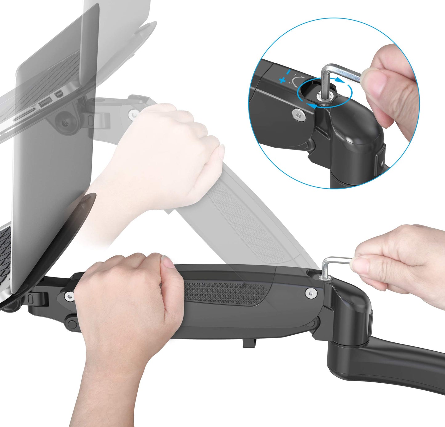 SHOPPINGALL Fully Adjustable Single Gas Spring Laptop Mount Stand for Laptops Up to 17", Both Desk clamp and Grommet mounting - SA-GM112D+D15-Black