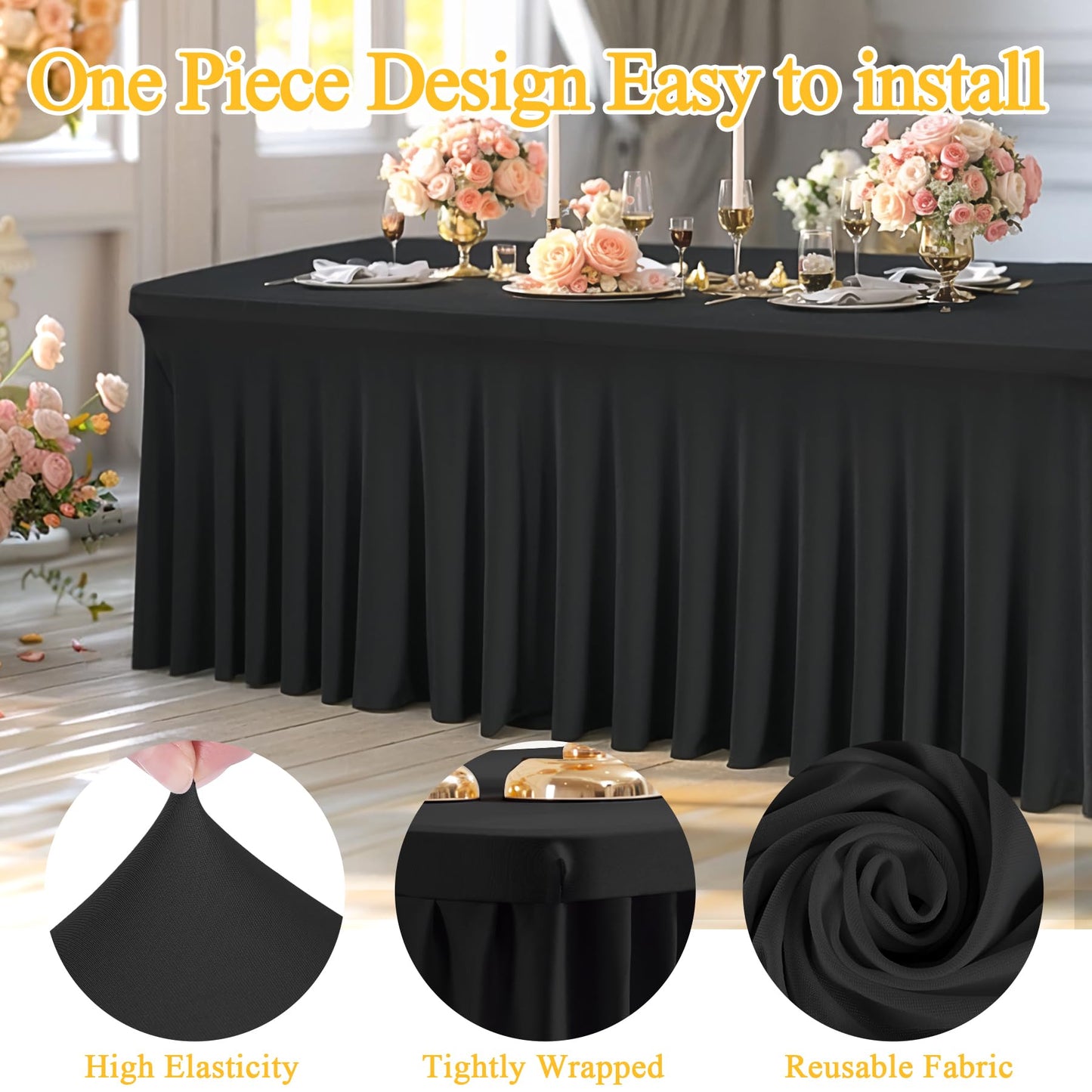 6 Packs Black Spandex Clothes for 8 Foot Rectangle Tables, Stretch Covers 8FT Skirts, Wrinkle Free Fitted Cover for Event, Wedding, Banquet & Parties