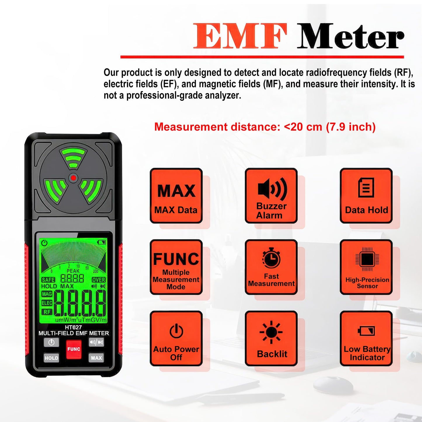 EMF Meter, 3-in-1 Portable Electromagnetic Field Radiation Detector Handheld EMF Tester for EF, RF, MF, WiFi Signal, Radio Frequency Detector Suitable for Home Office EMF Inspections Ghost Hunting