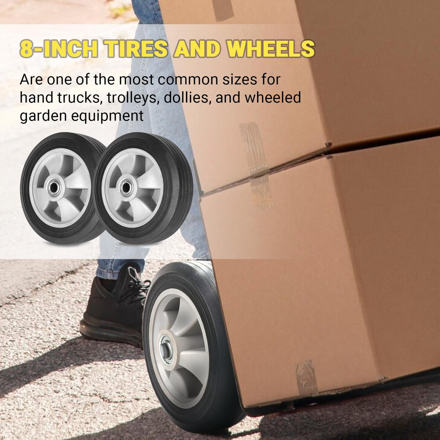 AR-PRO 2-Pack 8" x 2" Solid Run-Flat Replacement Tire with 5/8" Axle & 2" Offset Hub for Hand Trucks Wheelbarrows Dollies Trolleys – Heavy-Duty 176 lbs Load
