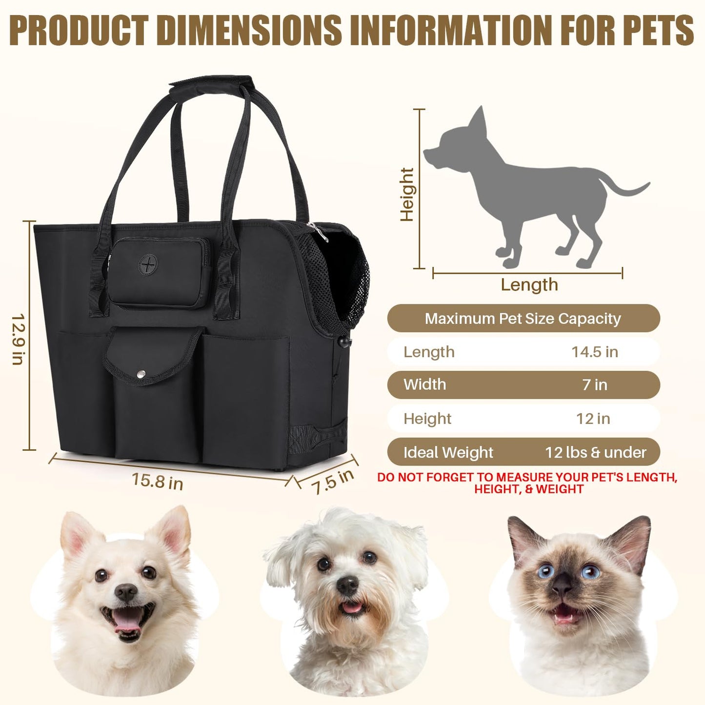 SlowTon Dog Purse Carrier - Portable Dog Carrier Tote Bag with Pockets & Safety Leash, Breathable Pet Handbag for Small to Medium Cats Puppies (Black)