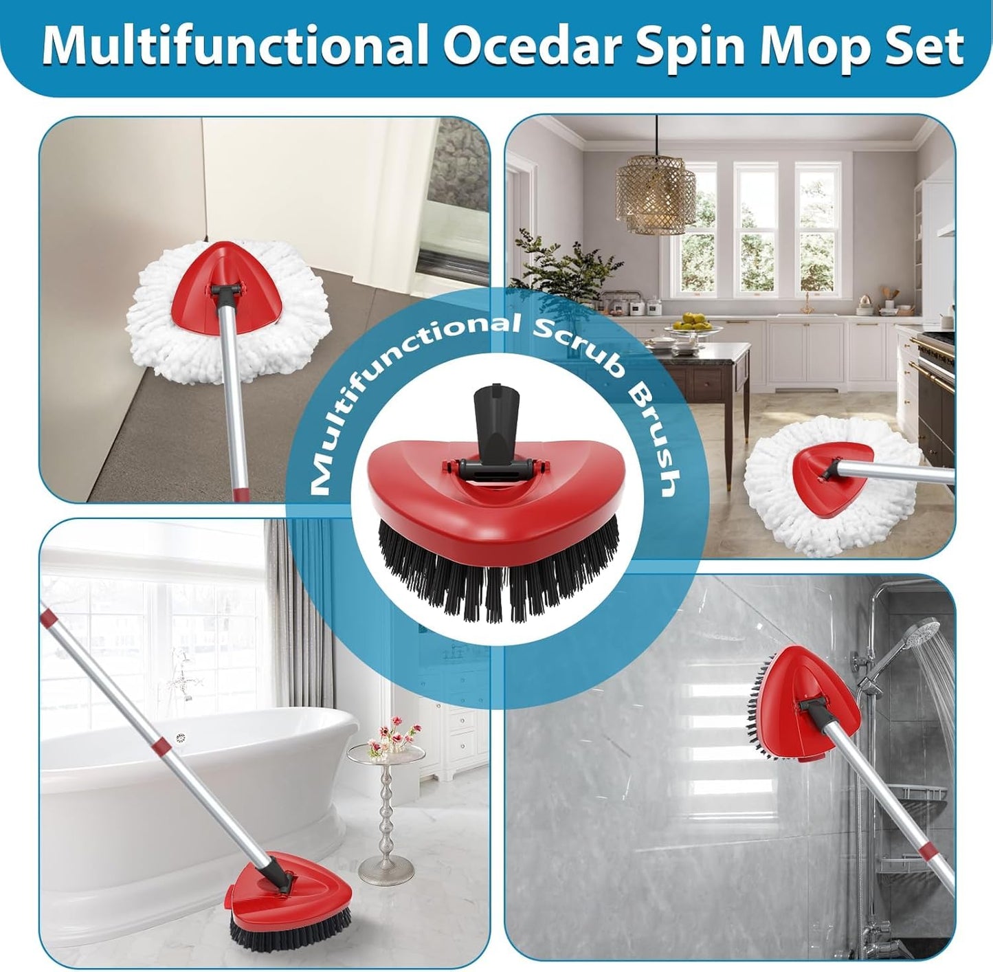 Spin Mop Head and Brush Replacement for Vileda EasyWring 1-Tank System, SuperAbound 4 Mop Replace Heads, 1 Handle, 1 Base and 1 Upgraded Scrub Brush Combo Set