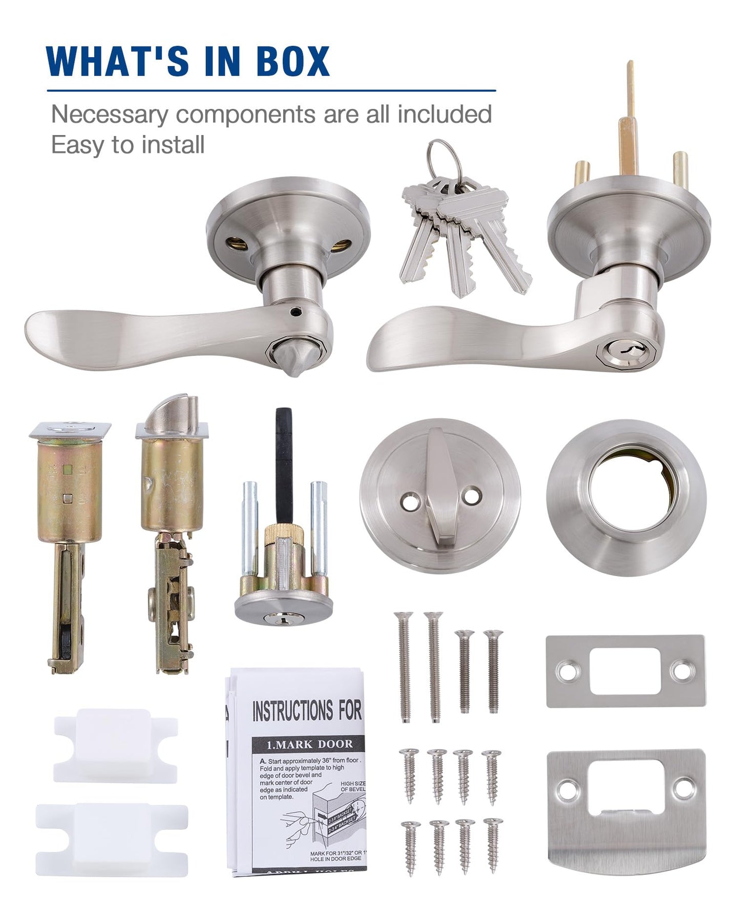 (1 Pack) Keyed Alike Front Door Lever Lockset with Single Cylinder Deadbolt Combination Set, Wave Style Lever, Front Door/Exterior Door Knob with Lock and Deadbolt, Satin Nickel Finished