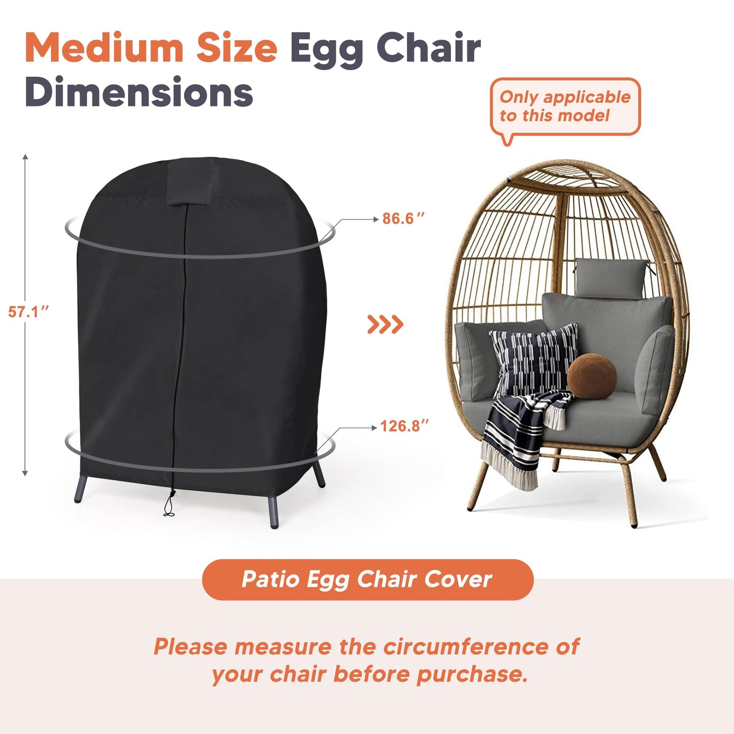 SUNCREAT Lawn Egg Chair Cover, Patio Furniture Cover for Indoor Outdoor Lounger, Medium Size, Black