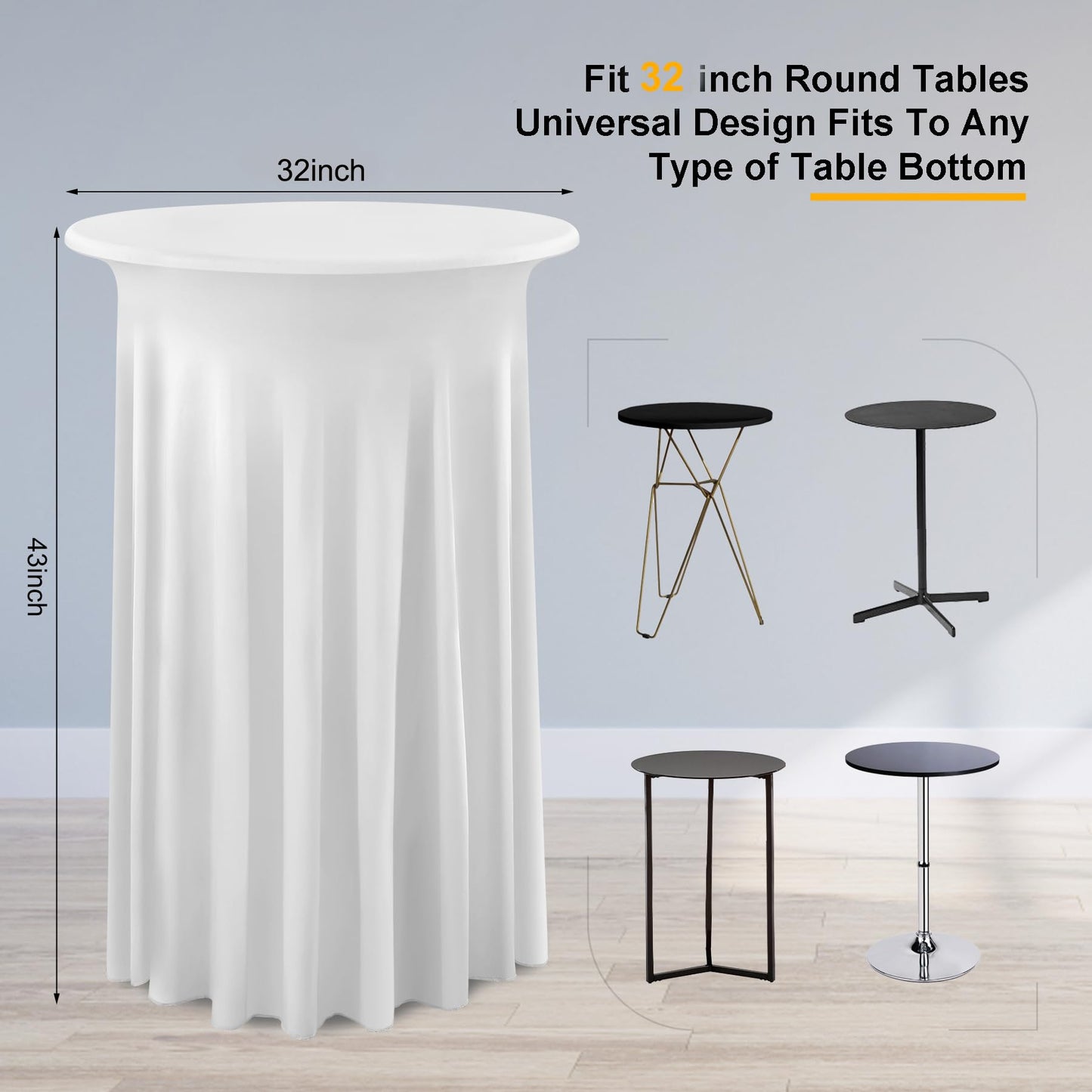 6 Pack 32ร43 Inch White Spandex Coctail Table Cloth,Wrinkle Free Stretch Cocktail Table Covers with Wavy Skirt, High Top Highboy Bar Round Cocktail Tablecloths for Party Birthday Wedding Banquet