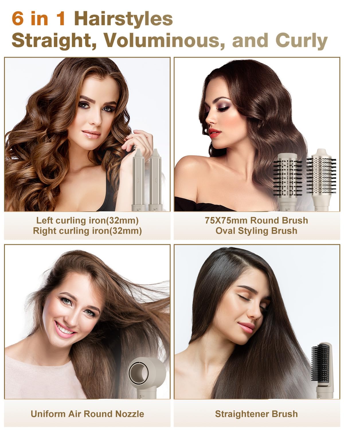 7MAGIC Hair Dryer Brush & 6 in 1 Hair Styler, Silver, 110 Volts, 1200 Watts, Ionic Technology, Fast Drying, Multi Styler for Straight, Wavy, Curly, and Coily Hair,Rose Gold