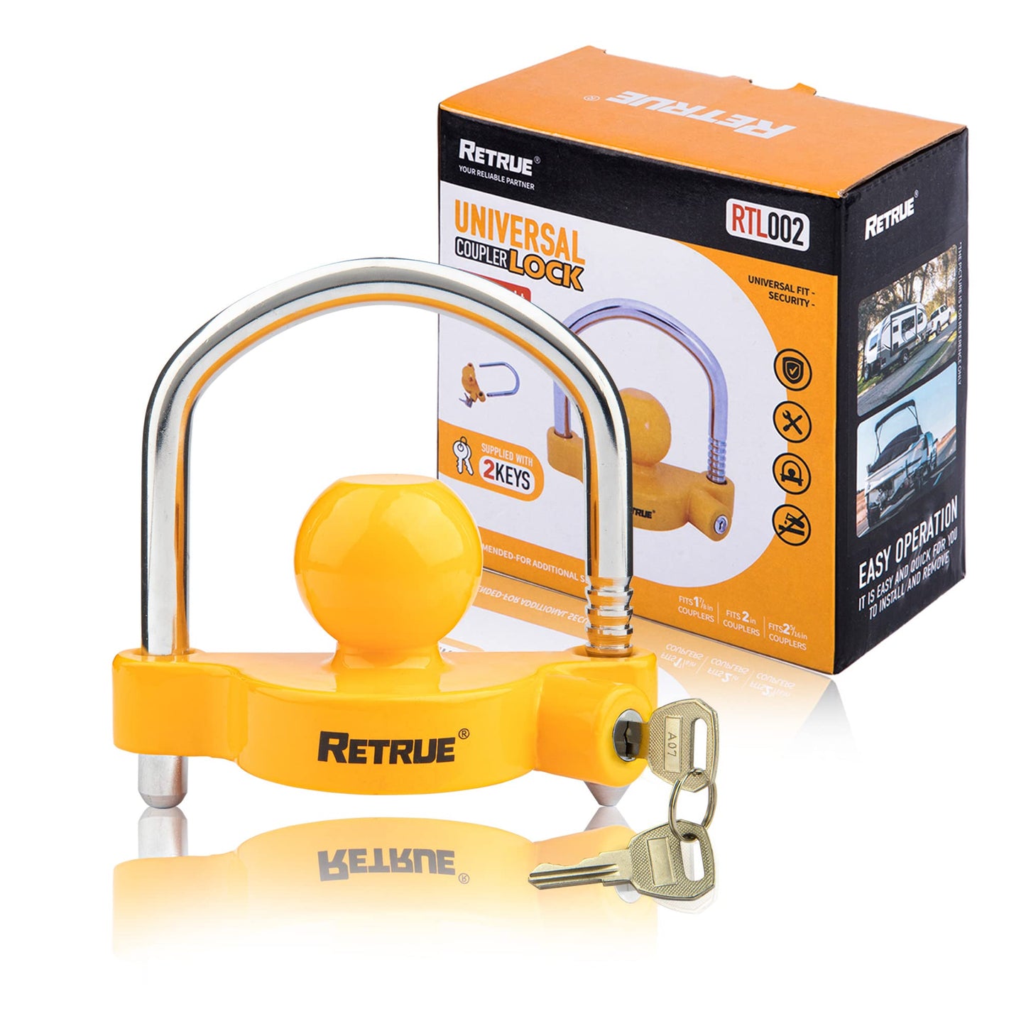 RETRUE Universal Coupler Lock Trailer Locks Ball Hitch Trailer Hitch Lock Adjustable Security Heavy-Duty Steel Fits 1-7/8 Inch, 2 Inch, 2-5/16 Inch Couplers, Yellow (Pack of 2)