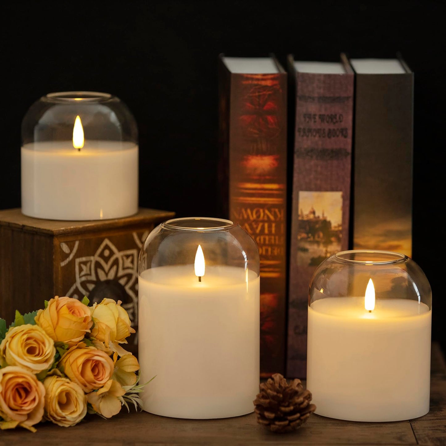 volnyus White Glass Flameless Candles Set of 3 (Φ 4" H 4" 5" 6") with Remote Battery Operated Flickering LED Pillar Candles Real Wax 3D Wick