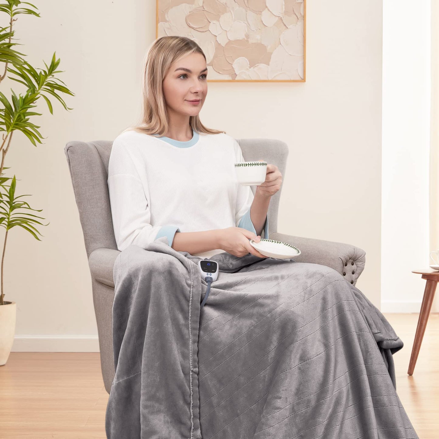 Sealy Electric Blanket Throw, Flannel Heated Blanket with 6 Heat Settings & 2-10 Hours Auto Shut Off, Fast Heating & Machine Washable for Home Office Use, 50x60 Inch, Light Grey
