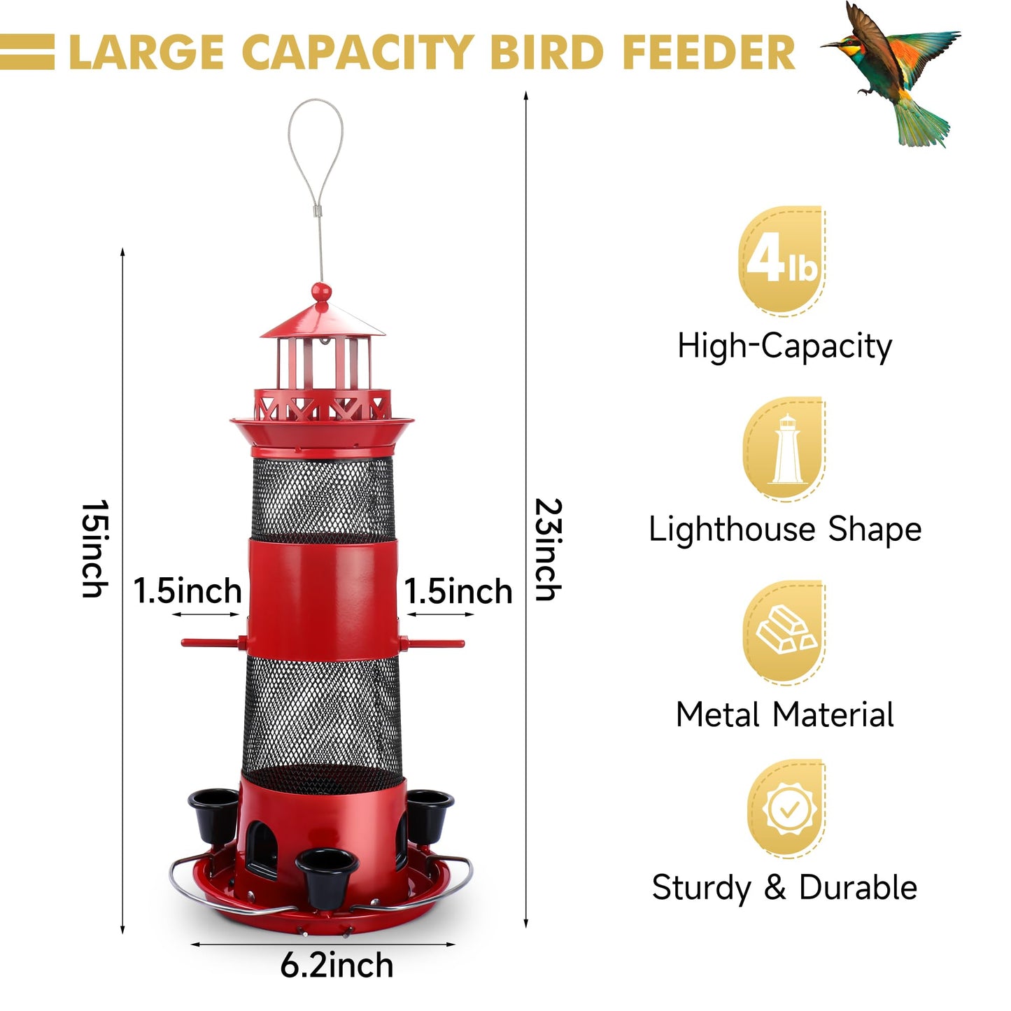 Decflow Bird Feeders for Outdoors Hanging, Wild Bird Feeder for Outside Bird with Three Water Cups, 4 lbs Large Capacity Durable Metal Bird Seed Feeder for Small Birds