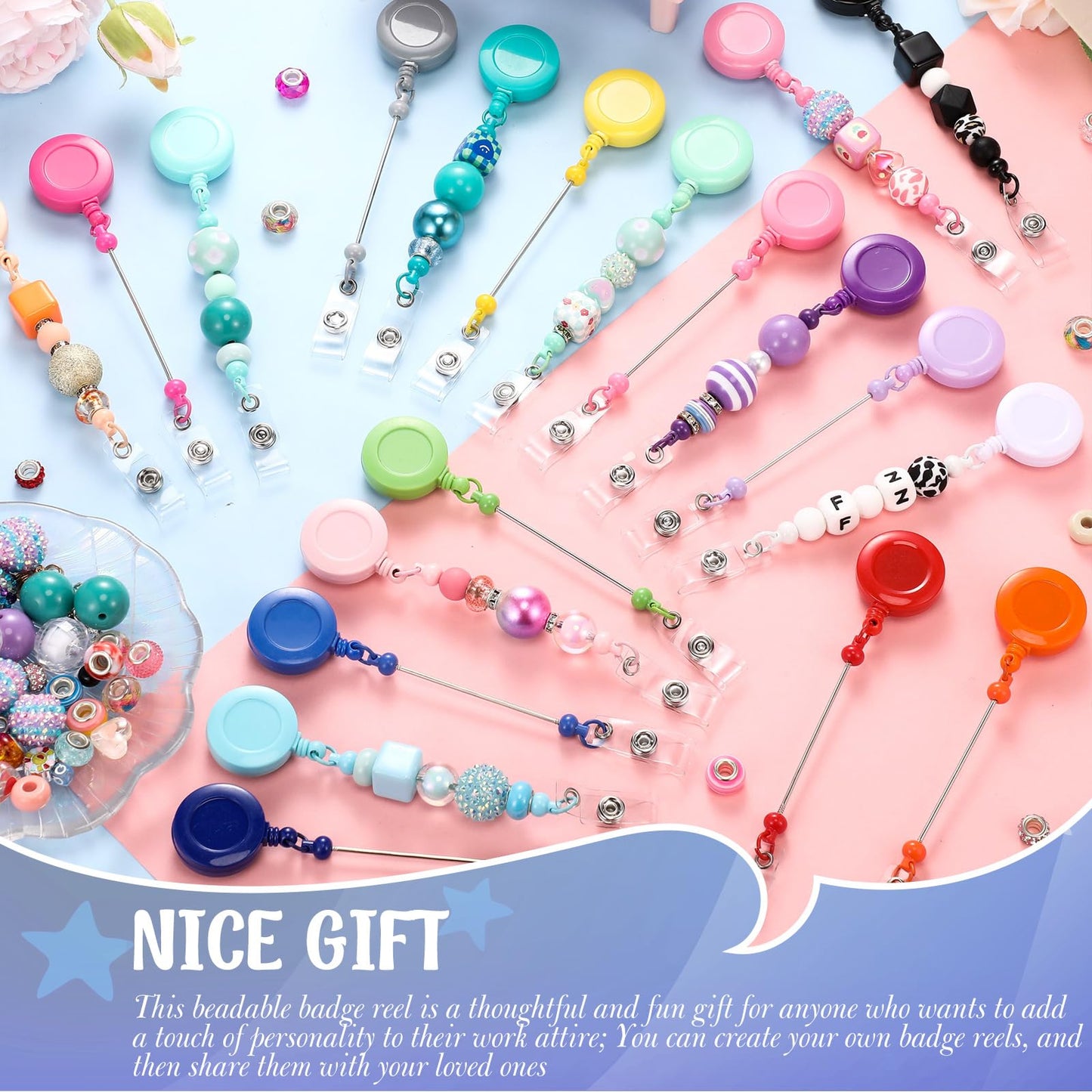 Sayglossy 50 Pcs Beadable Badge Reel Retractable Clips Holder for Beads Bulk Blank Bar ID Name Badge Reels with Belt Clip Beadable Items for Nurse Teacher Office Jewelry DIY Gift, 19.69 inches/ 50 cm