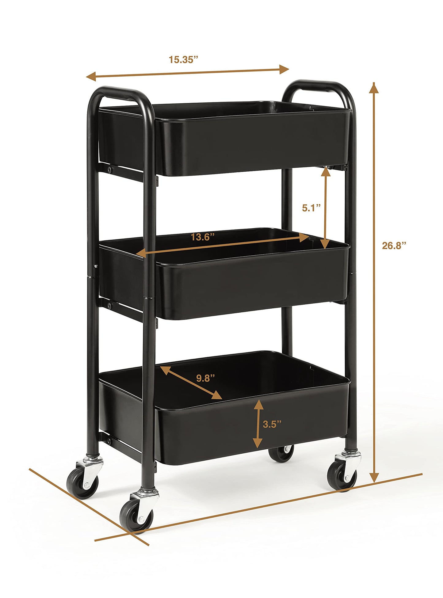 SunnyPoint 3-Tier Delicate Compact Rolling Metal Storage Organizer - Mobile Utility Cart Kitchen/Under Desk Cart with Caster Wheels - BLK (15.35" X 10.24" X 26.8"H)