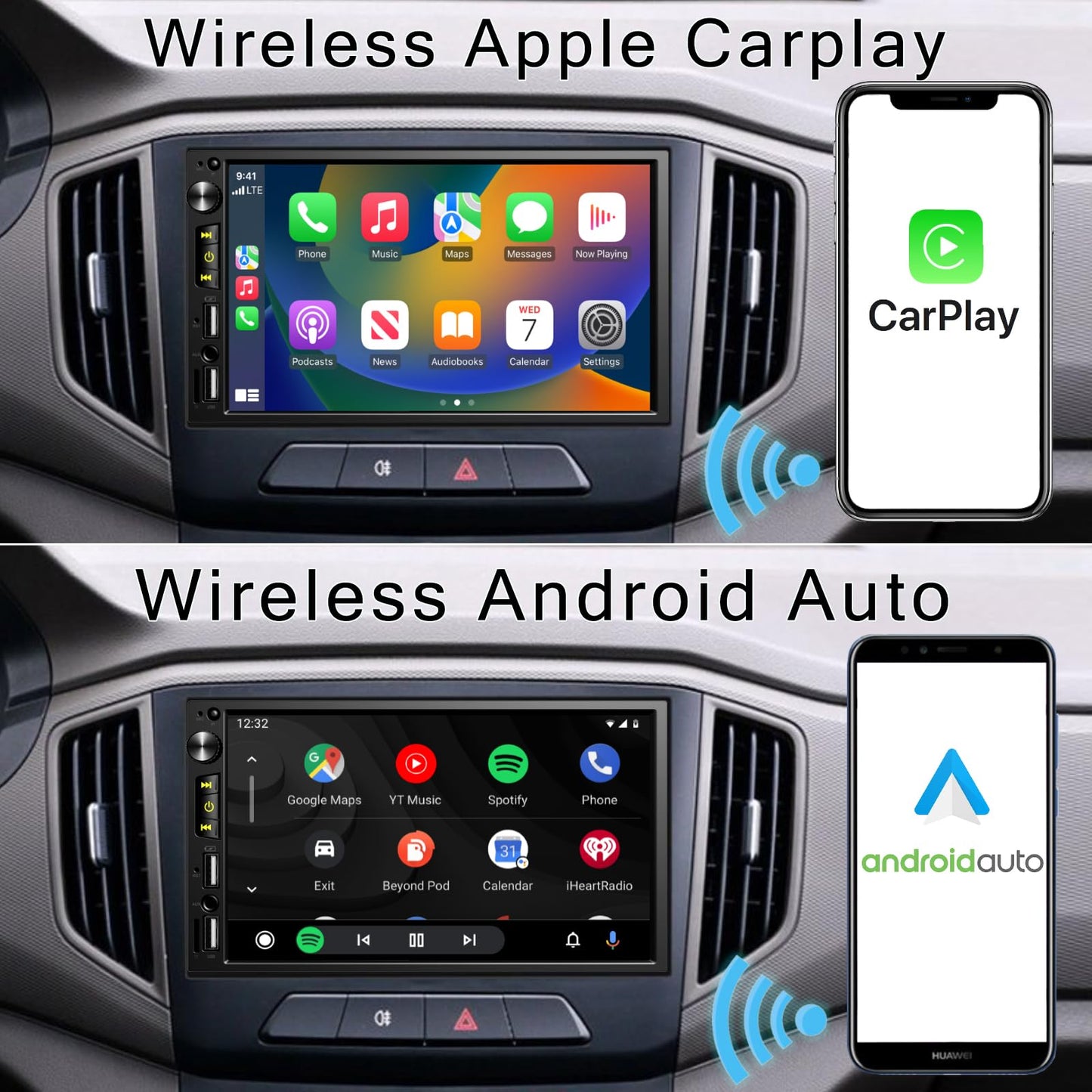 7" Dual Din Wireless Car Stereo with Apple Carplay, Bluetooth FM Car Radio, Car Backup Camera, HD 1024x600 Touchscreen, Mirror Display, Fit Your