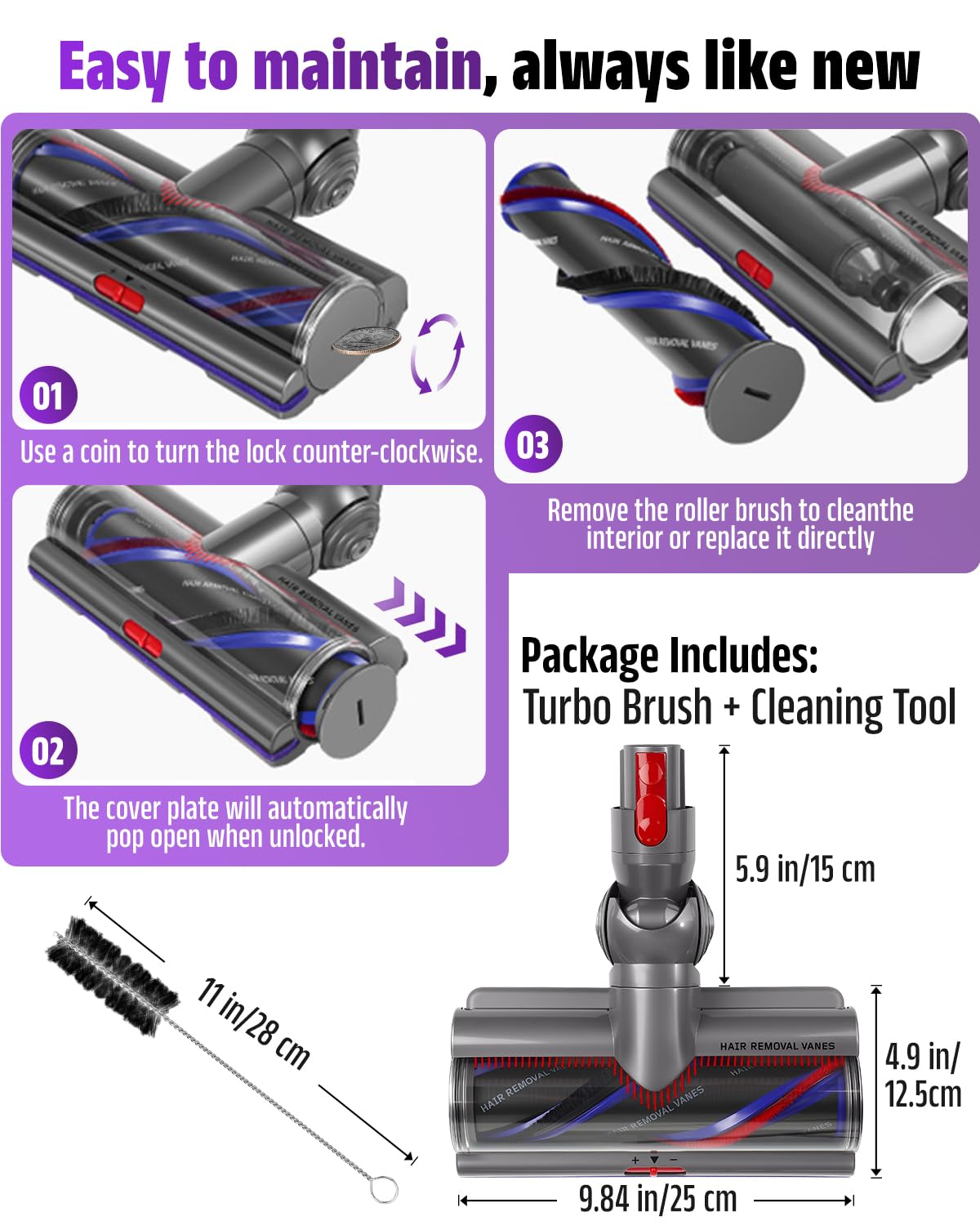 Adjustable Suction Brush Head Replacement Compatible with Dyson V7 V8 V10 V11 V15, Vacuum Cleaner Attachment, Anti-Tangle Carbon Fiber Roller, Turbine Brush for Carpet & Hard Floor