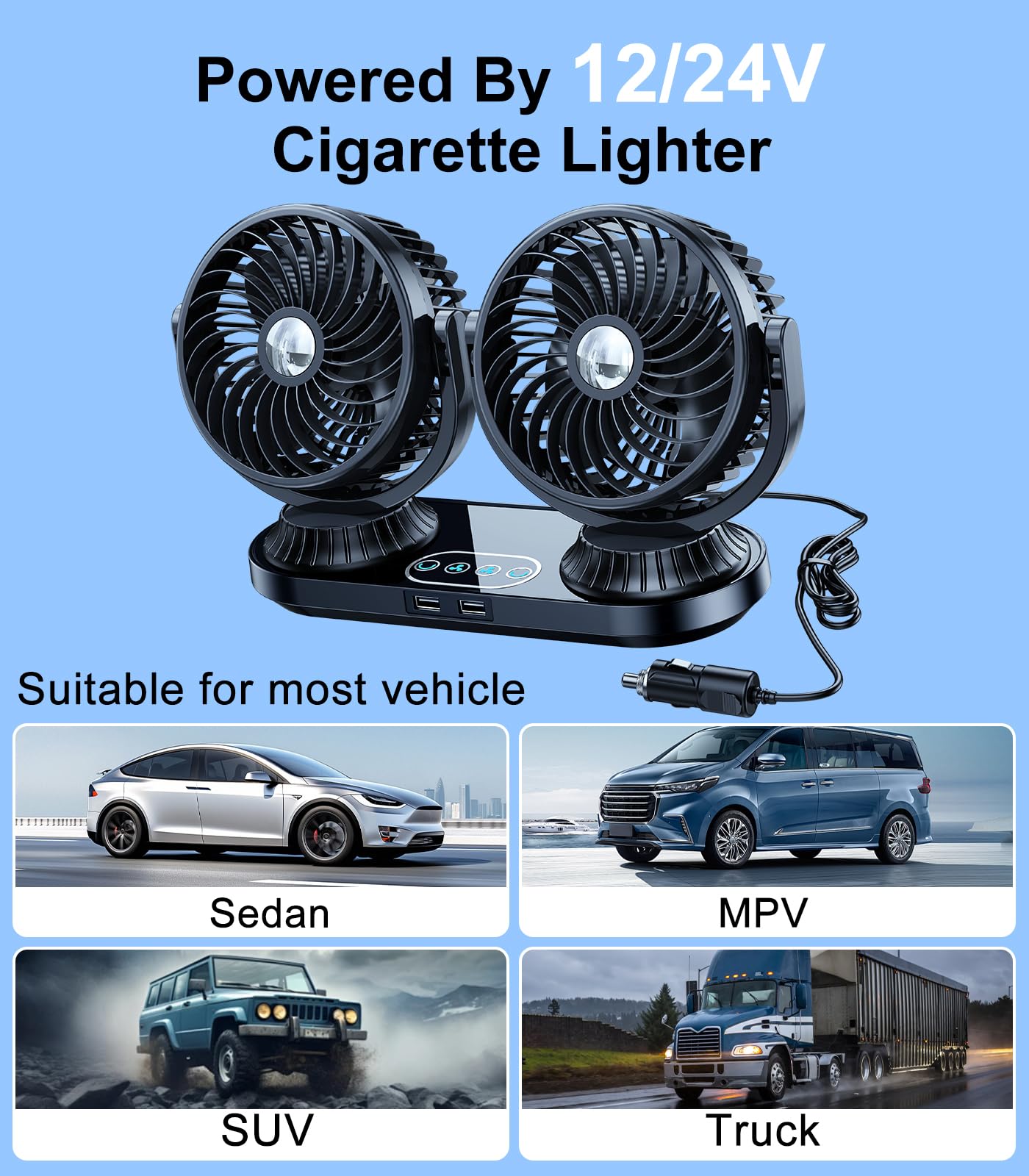 DICMKY Dual Head Auto Oscillating Car Cooling Fan for Dashboard, DC 12V / 24V Cigarette Lighter Plug Car Fans That Blow Cold Air Cooler for Vehicles Sedan SUV Rv Van Truck Utv Tractor Cab Without AC