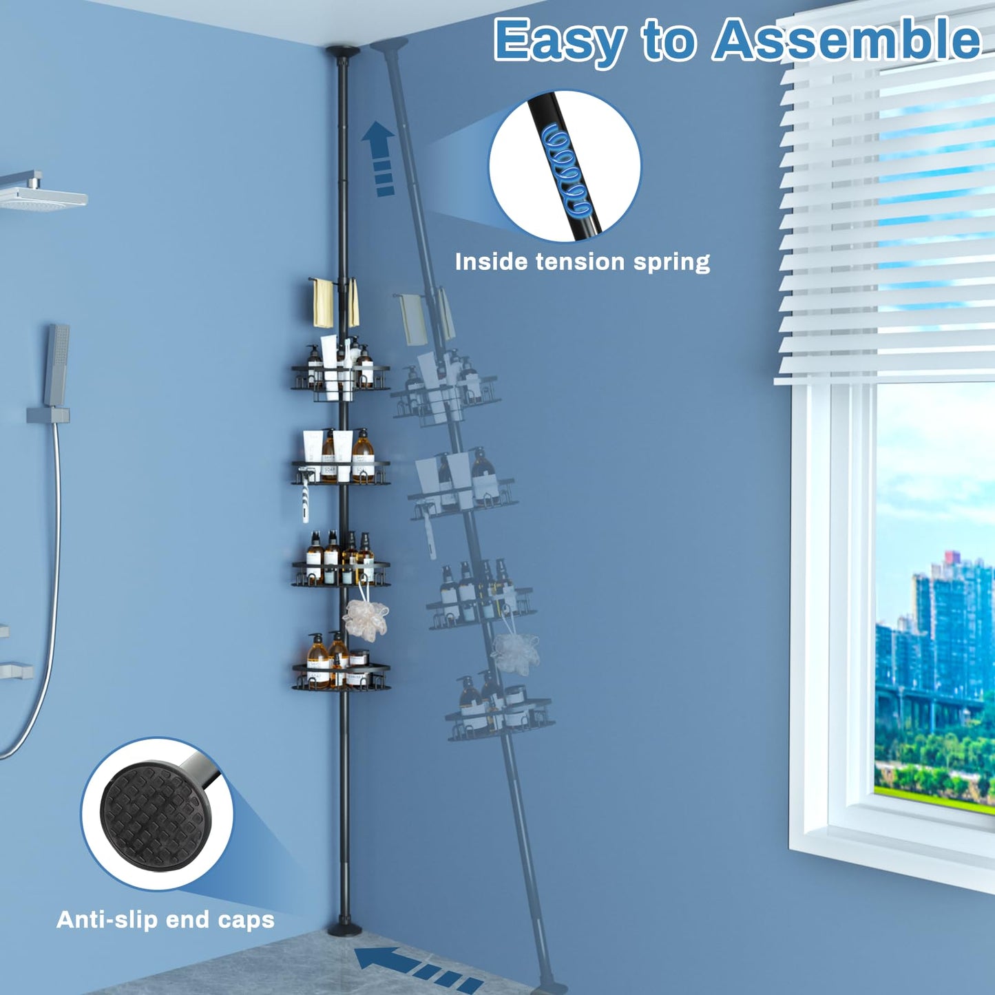 cutefafa Rustproof Corner Shower Caddy with Tension Rod, 4 Large Baskets for Bathtub Shampoo Storage Organizer Bathroom Height Adjustable Shelves from 50 to 297 cm with Towel Bar