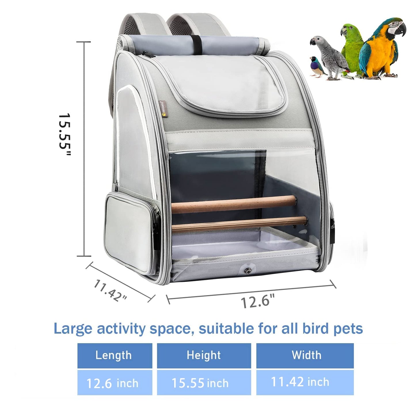 Texsens Bird Carrier Backpack - Pet Travel Cage with Upgraded Tray and Standing Perch, Breathable & Portable, for Small Birds, Green Cheek, Cockatiel, Parrot (Grey)