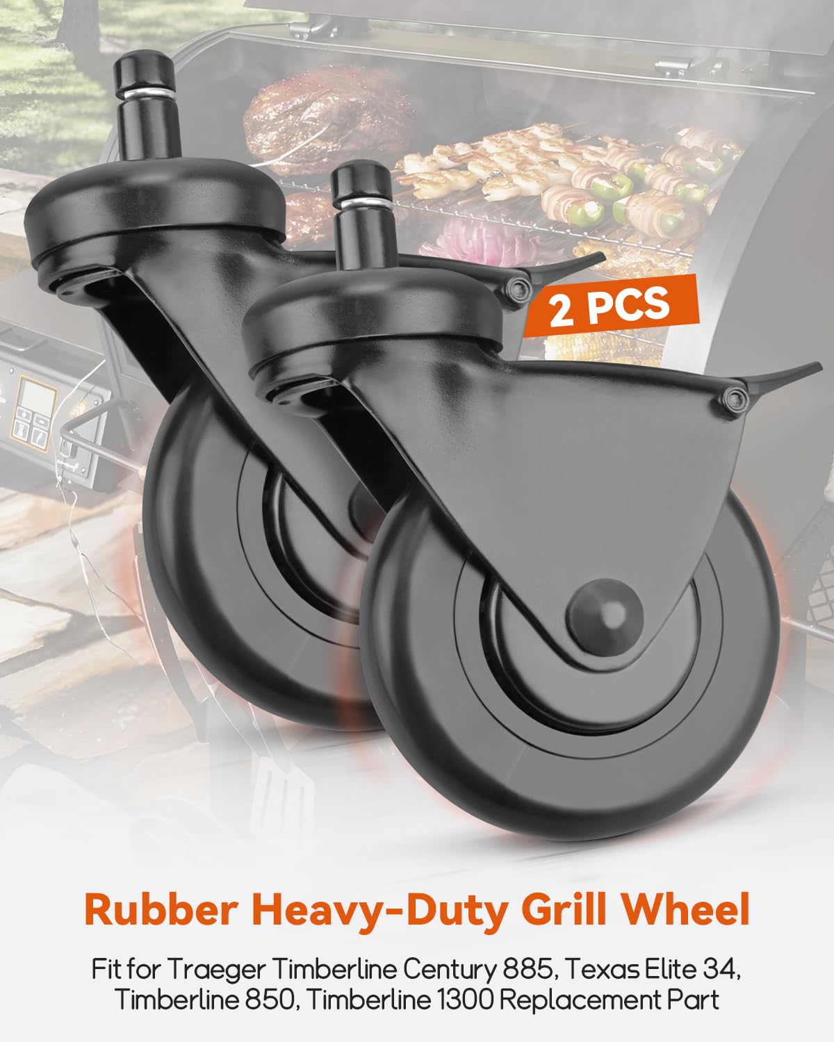 YIGUCS 3" Rubber Heavy-Duty Grill Wheel Fit for Traeger Pellet Grills Replace HDW302 Caster Wheel with Brake 2Pcs
