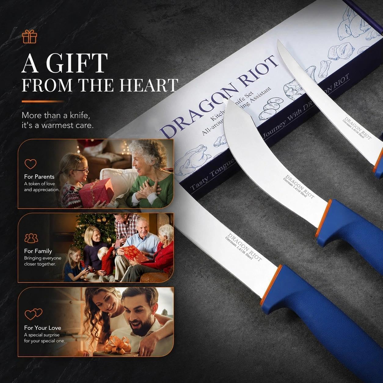 DRAGON RIOT 3 Pcs Butcher Knives Set, Meat Processing Knife Set for Brisket Trimming with German Stainless Steel and Blue Non-Slip Handle Gift for Men