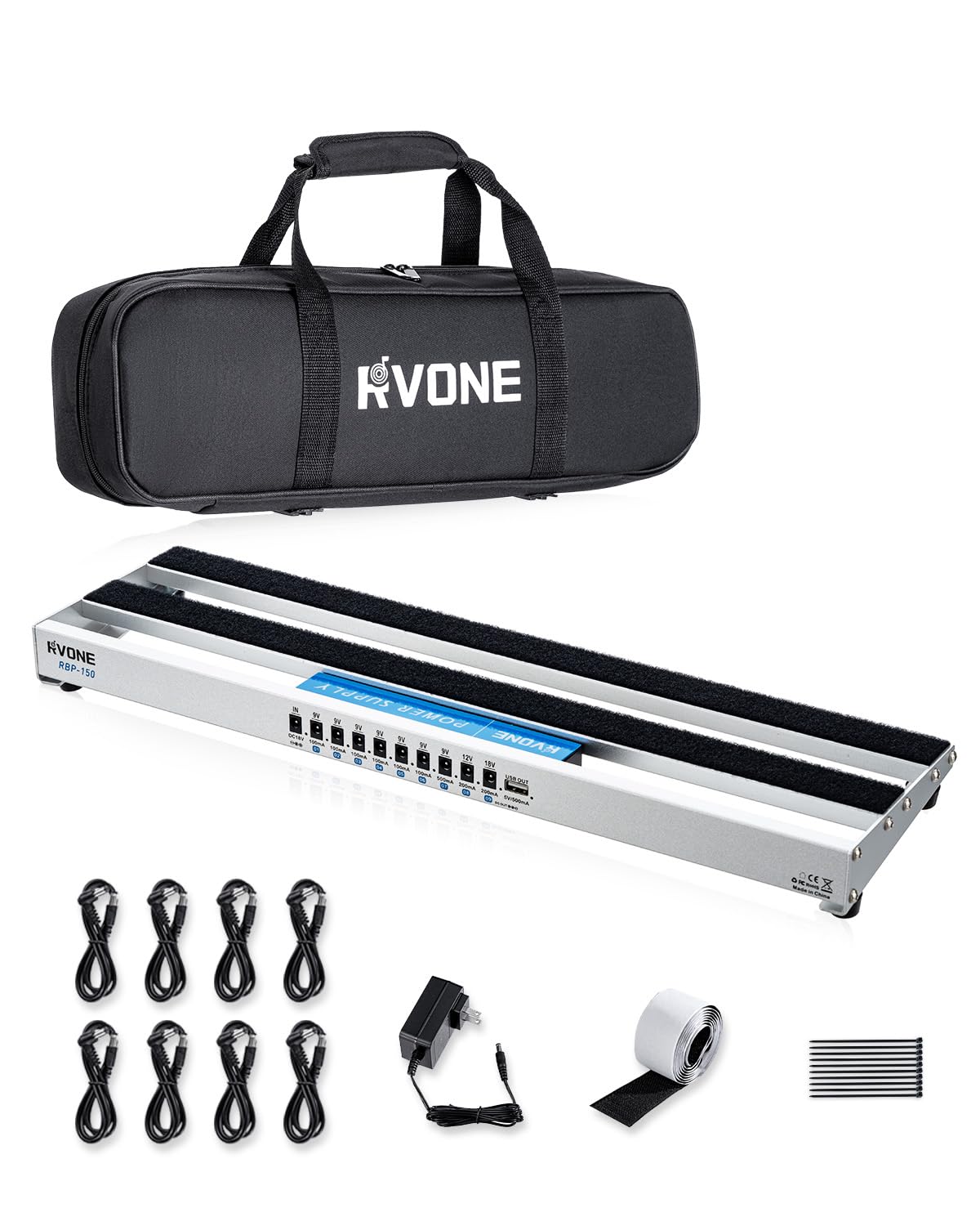 Guitar Pedal Board with Built-in Power Supply, Small 48.5×13 cm Aluminum Alloy Portable Pedalboard with Bag, Pedal Cables, Hook&Loop RBP-150