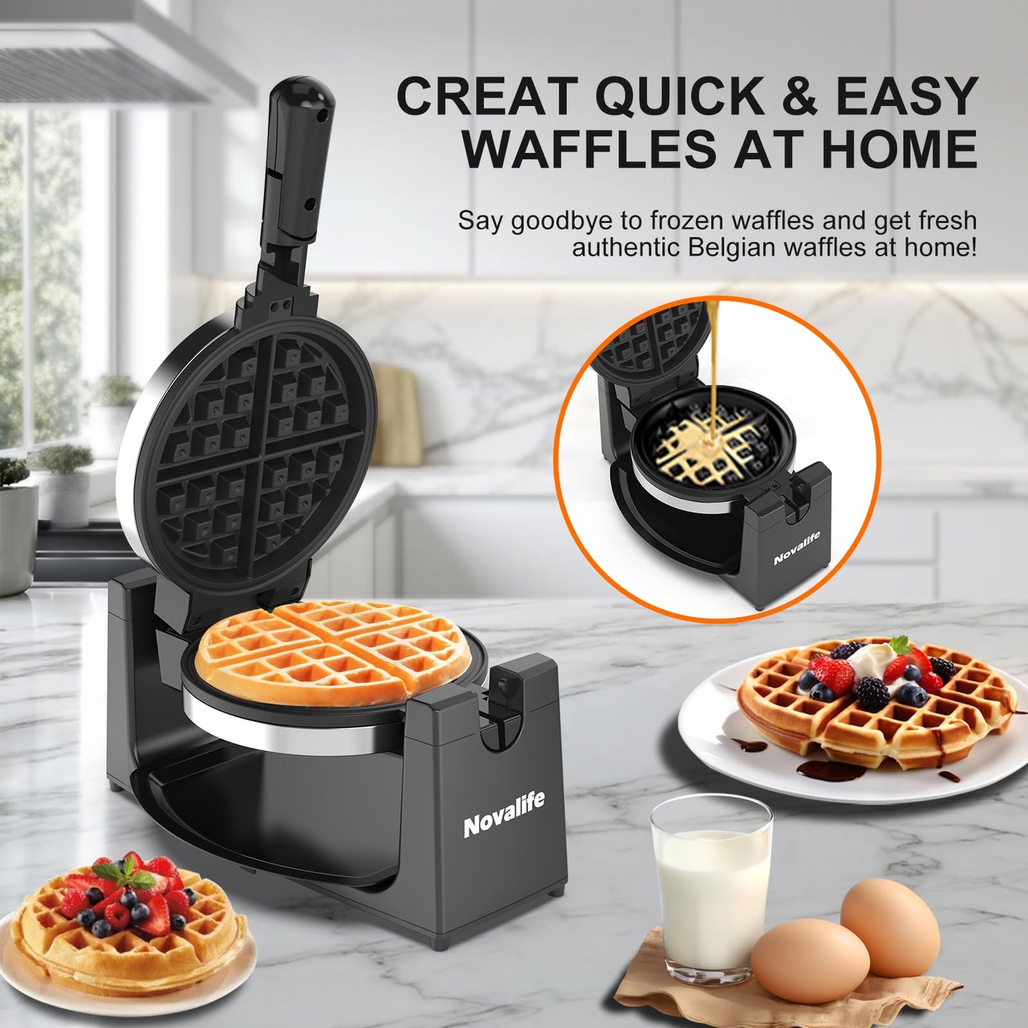 Waffle Maker, Rotating Belgian Waffle Maker, 180° Flip Waffle Iron, Non-Stick Plate, Adjustable Browning Control, Foldable Cool Touch Handle, Removable Drip Tray, Space Saving Storage, Stainless Steel