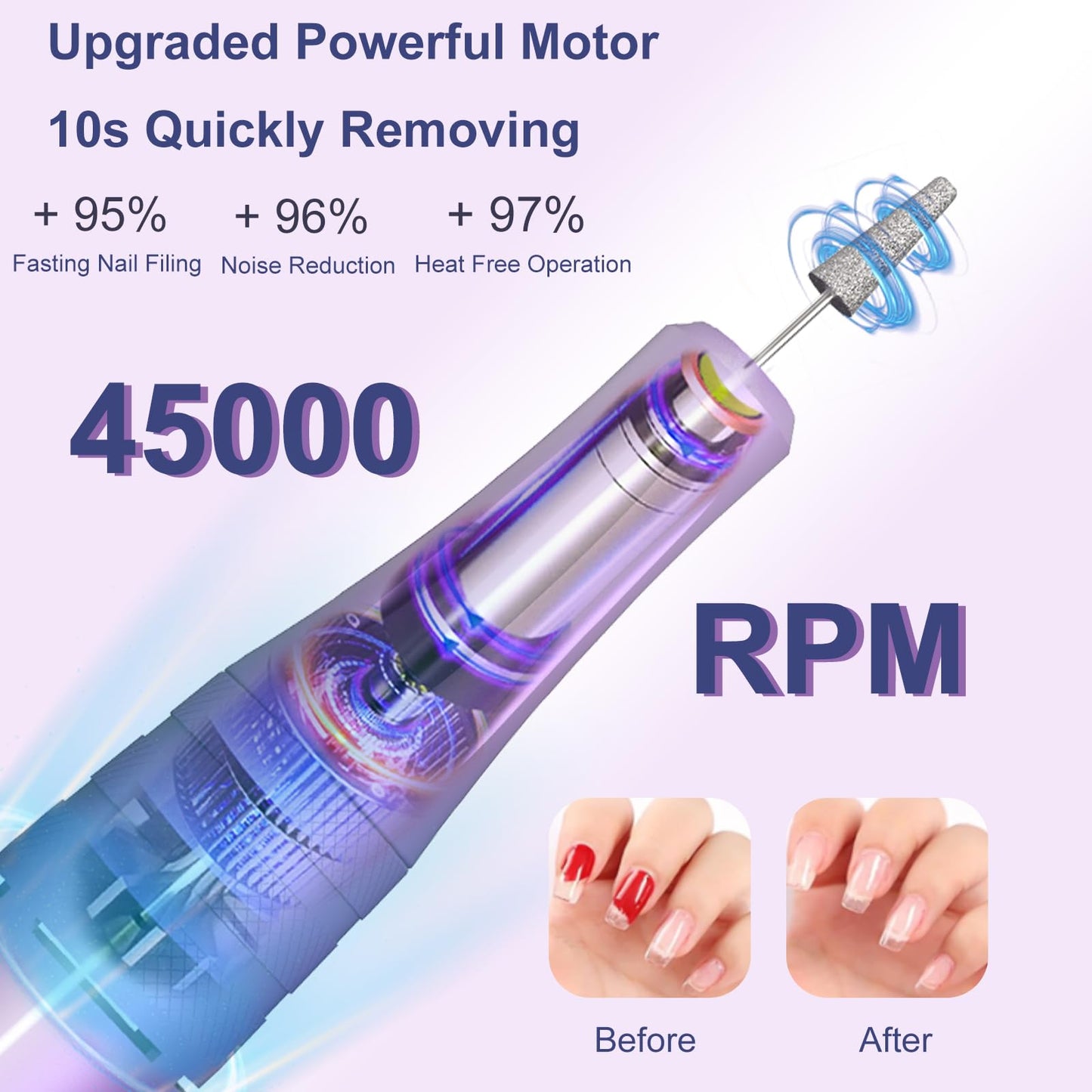 Professional Nail Drill Cordless 45000 RPM, Meremit Electric Nail File with Diamond Decoration, 12Pcs Drill Bits, Large LCD Screen, Rechargeable Electric Nail Machine Drill for Acrylic Gel Nail Polish