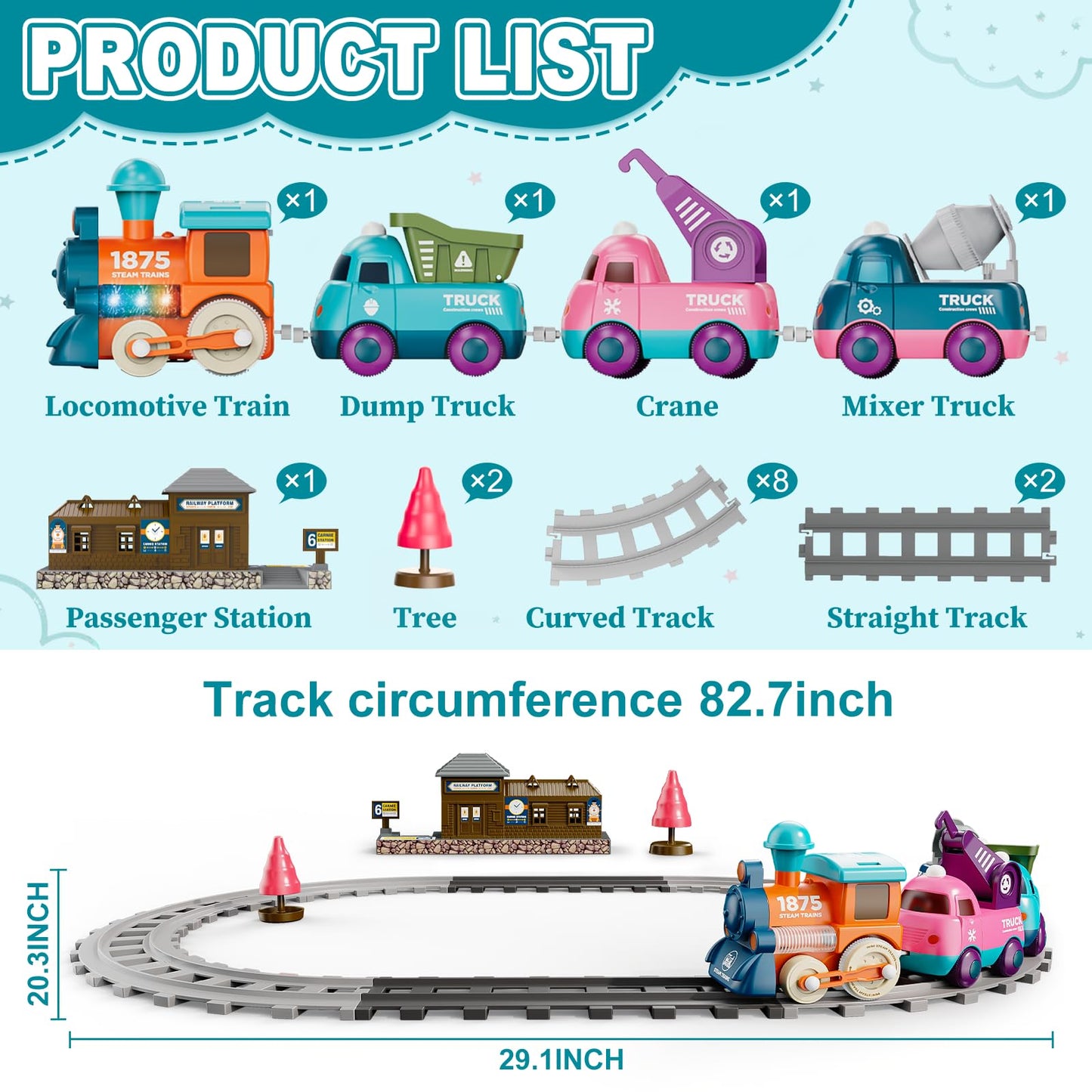 Train Set for Toddlers, Magnetic Train Toys for Toddlers 3+ Electric Train Set with Train Tracks Accessories Battery Operated, 4pcs Trucks Toy Train for Boys and Girls