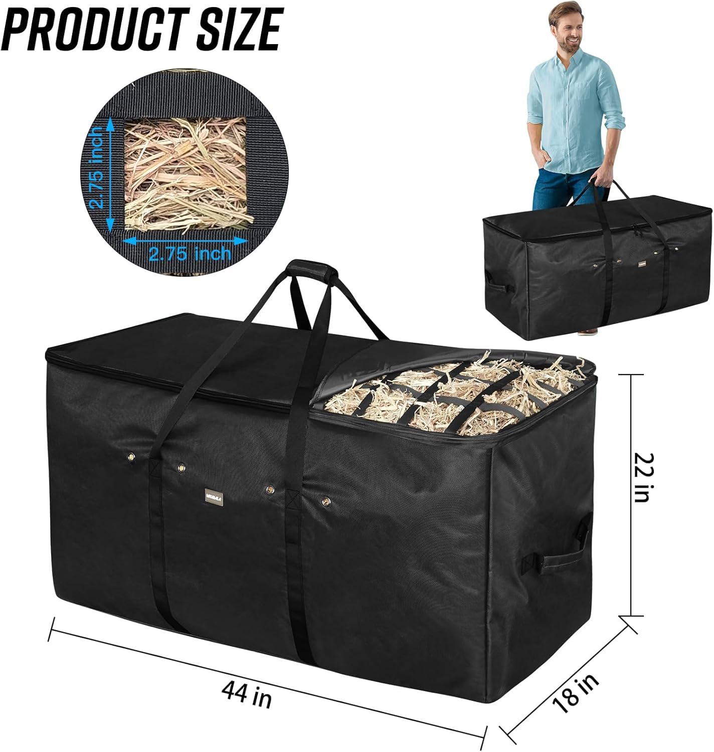 ASRJKIE Hay Bags for Horses, Hay Bale Bag 44x18x22inch Extra Large Top Slow Feed Design, Premium Oxford Heavy Duty Hay Bale Storage Bag for Barn Stable, Horses Sheep Donkey Goats