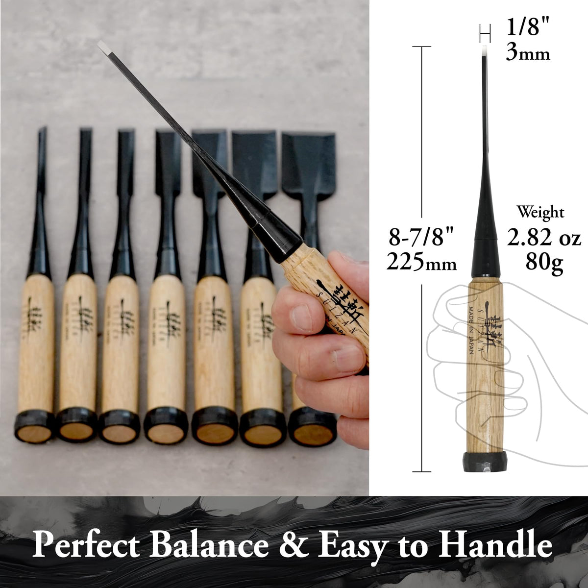 SUIZAN Japanese Wood Chisel 1/8" (3mm) - Professional Oire Nomi Woodworking Tools