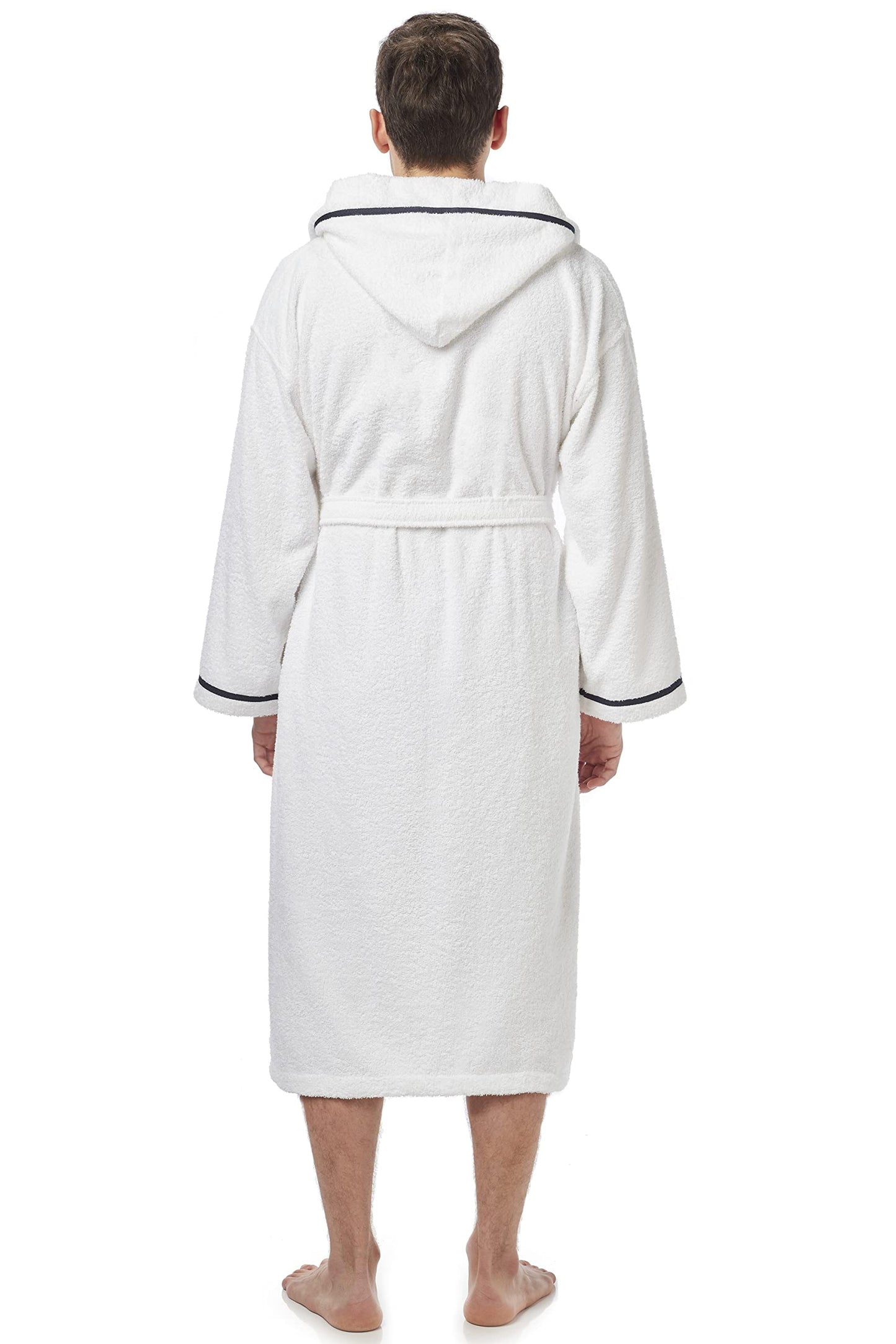 Arus Men's Hooded Classic Bathrobe Turkish Cotton Robe with Full Length Options, White With Navy Blue Border, XX-Large