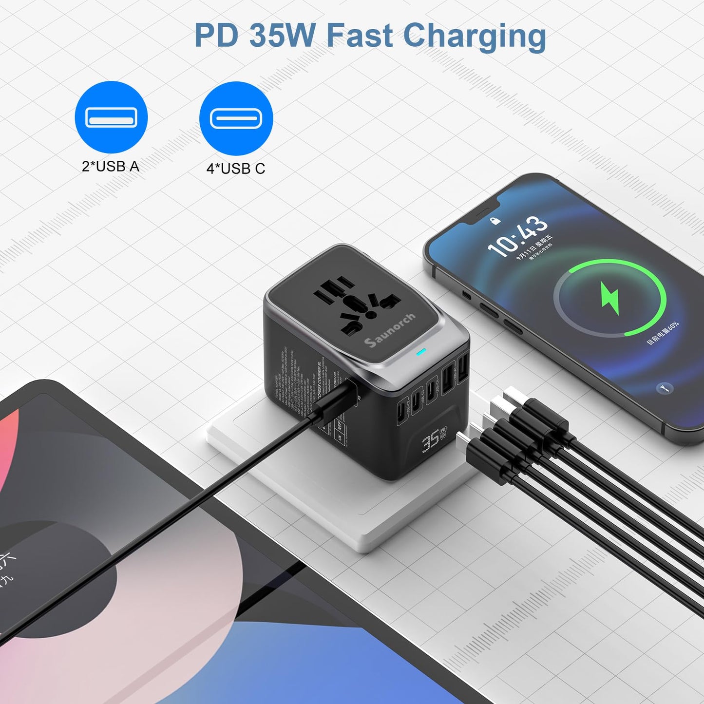 SAUNORCH Universal Travel Adapter, PD 35W 7 in 1 International Power Plug Adapter with 7.0A 4 USB-C and 2 USB-A Fast Wall Charger, Worldwide AC Outlet for US Europe UK AUS (Black+Silver)