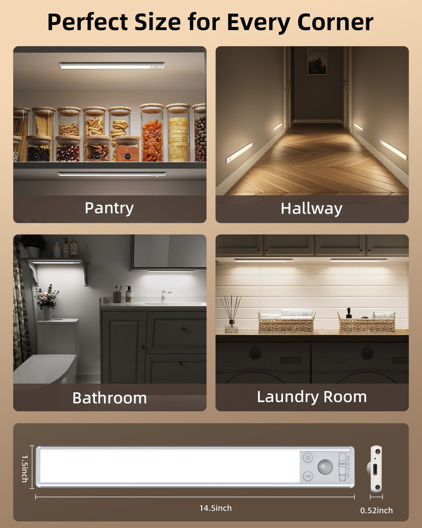 EZVALO Under Cabinet Lighting, 4000mAh Rechargeable Motion Sensor Light Indoor, Dimmable Magnetic Closet Lights with 3 Color Temps, Wireless Under Counter Lights for Kitchen, Stairs (2 Pack-14.5inch)