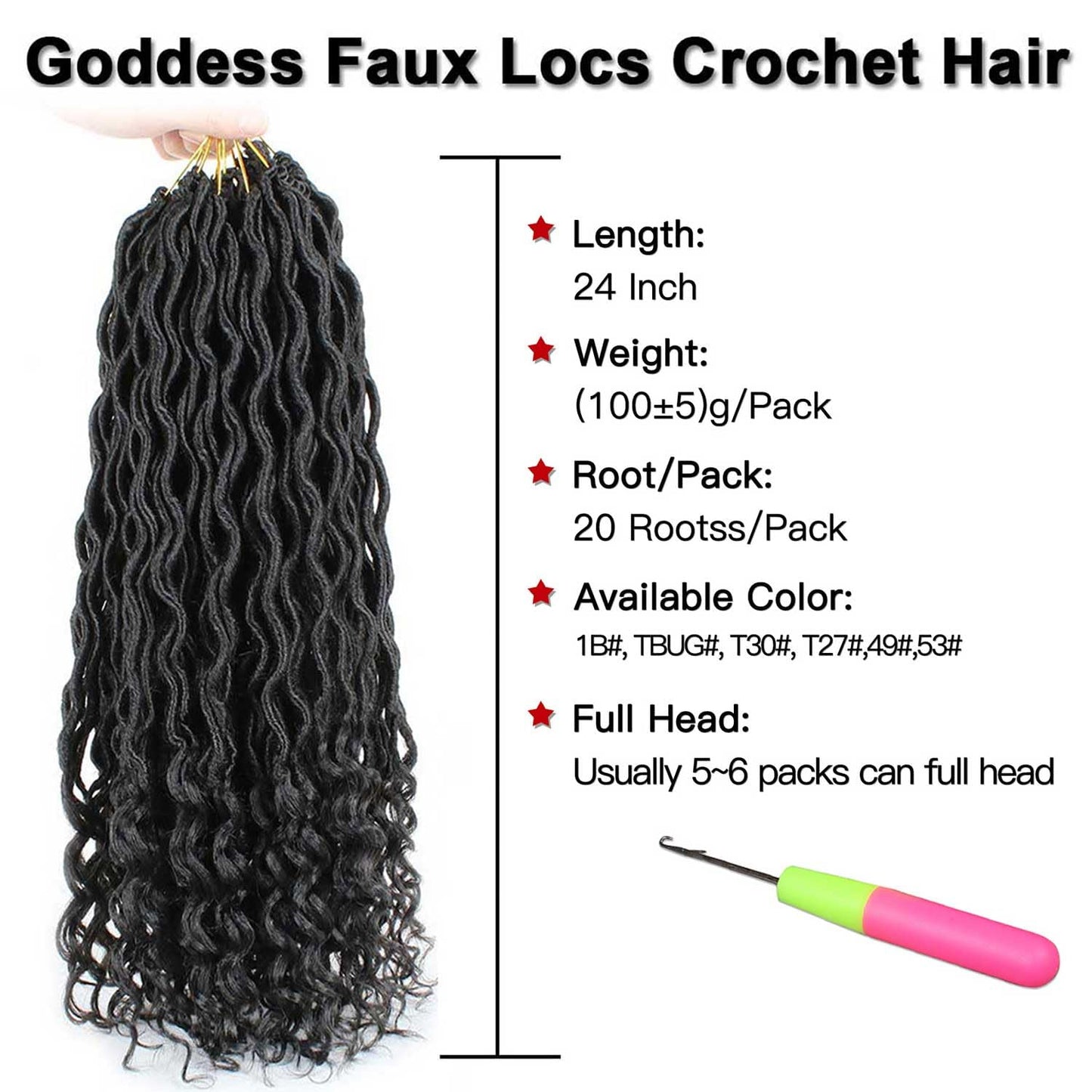Xtrend 24 Inch 6 Packs Long Black Goddess Faux Locs Crochet Braids Curly Ends Wavy Synthetic Braiding Hair Extension for Black Women Dreadlock Braiding Hair 20 Strands/Pack 1B#