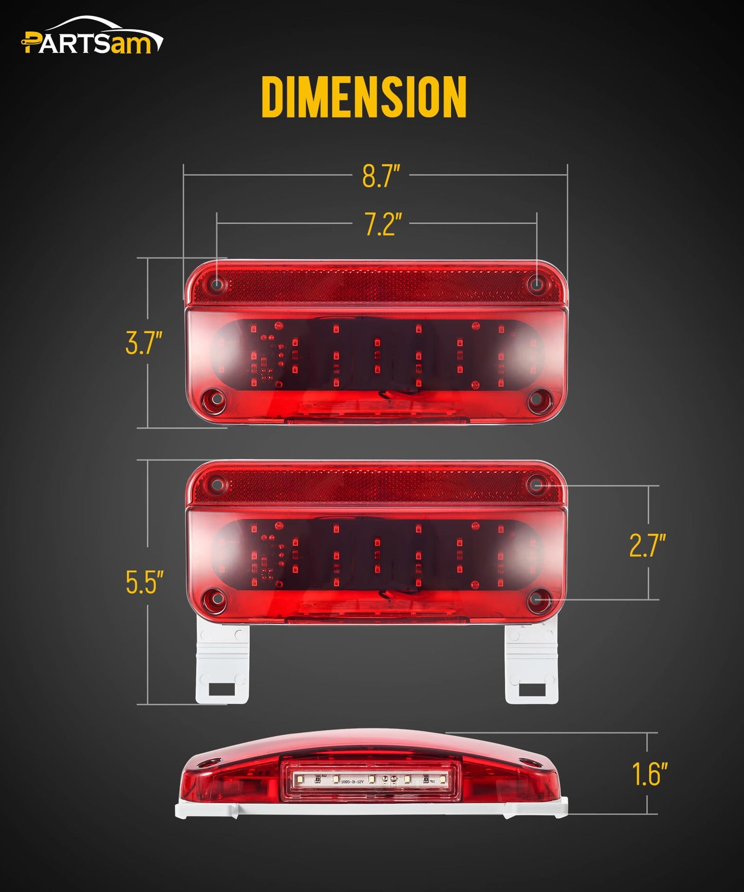 Partsam Rectangular Red LED RV Camper Trailer Stop Turn Brake Tail Lights White License Plate Light 49 LED with License Bracket Holder and White Base 12V Sealed w Reflex Surface Mount (Left + Right)