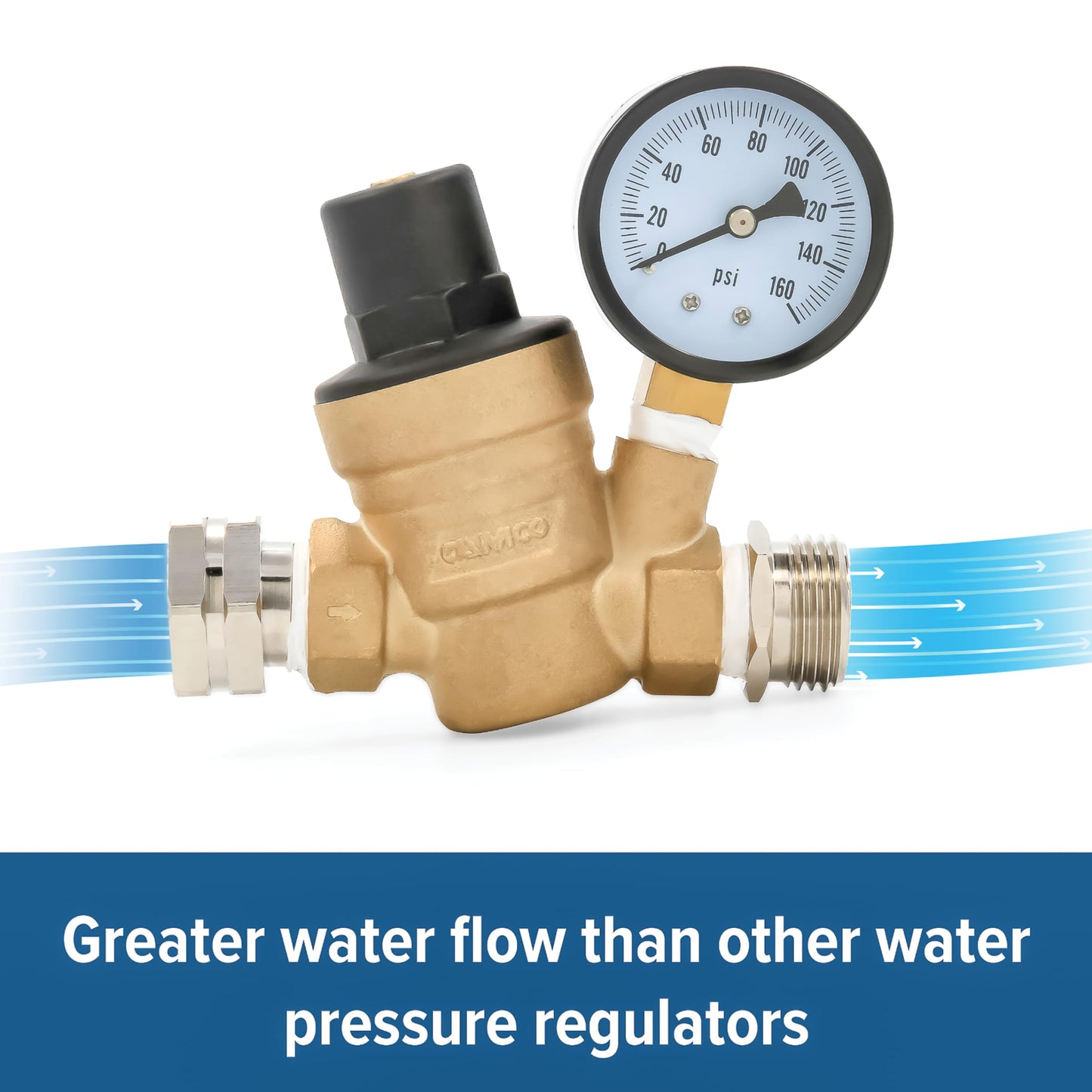 Camco 40058 Adjustable Brass Water Pressure Regulator - Helps Prevent Damage To Appliances and Plumbing Fixtures From High Water Pressure, Great for RVs and Boats