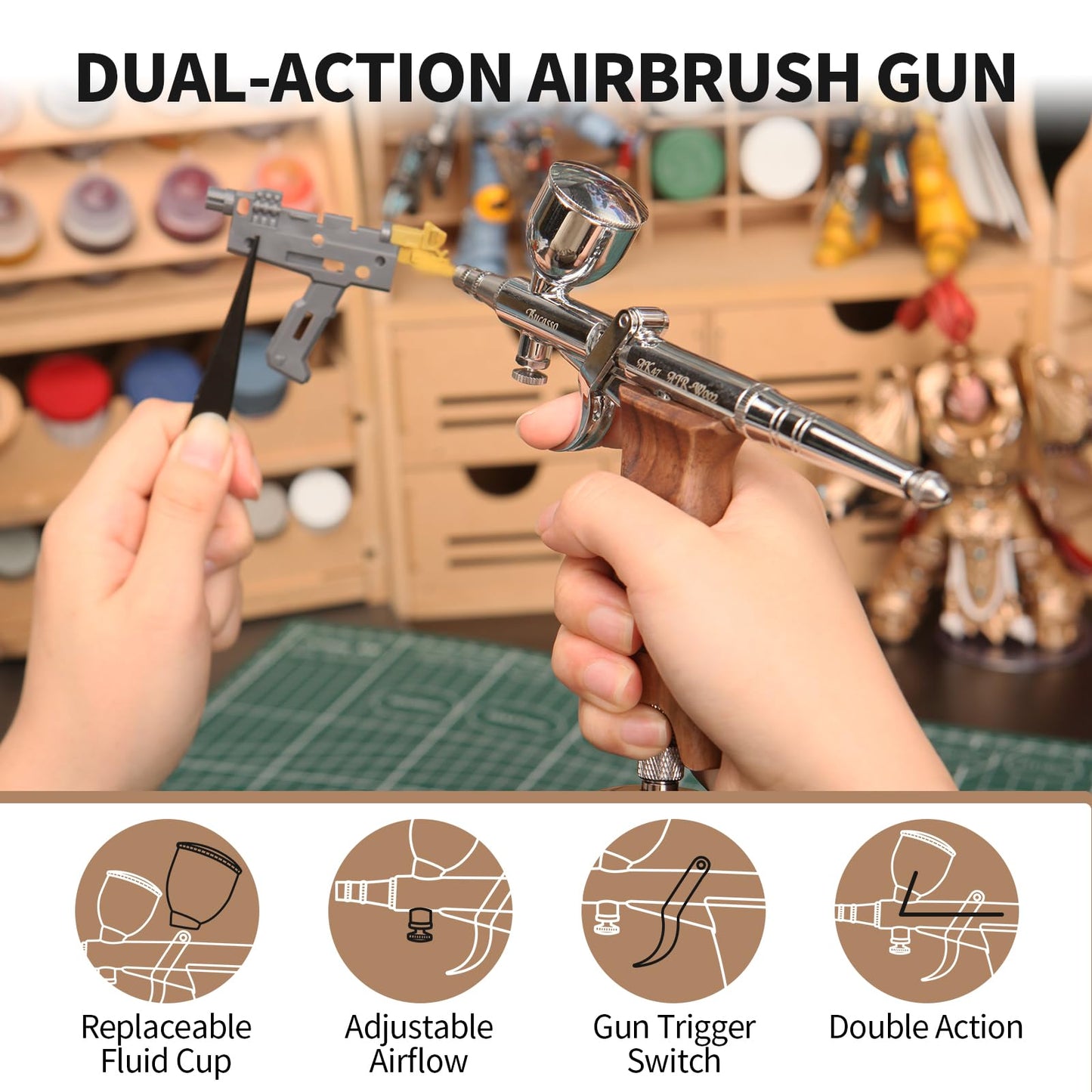 Bucasso Airbrush Kit, Air Brush Spray Gun with 0.3mm/0.5mm/0.8mm Needles/Nozzle Sets, 3cc/7cc/11cc Replaceable Fluid Cup for Painting Model Nails Cake Tattoo Makeup