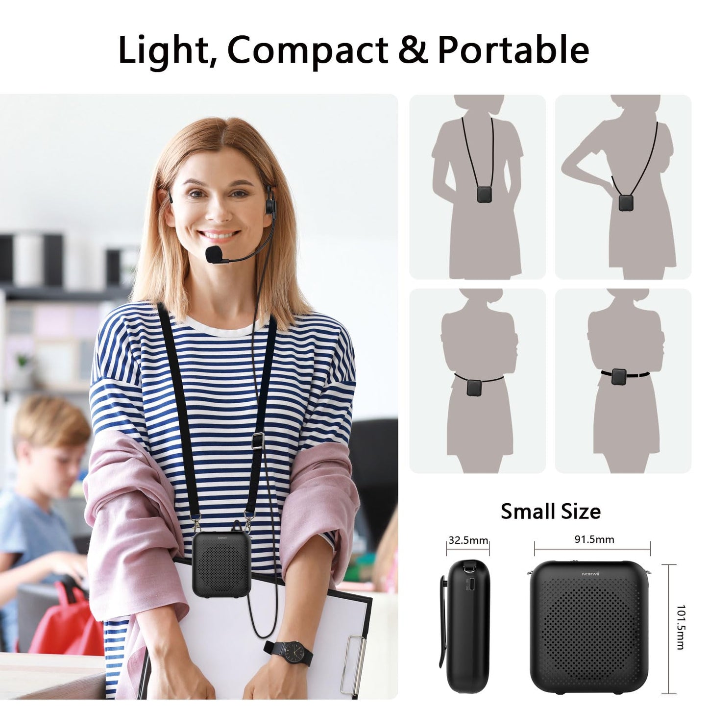 Norwii Voice Amplifier, Power Amplifiers, Portable Mini Wired Microphone Headset for Teacher Classroom & Outdoor Lectures, Teaching, Tour Guides, USB-C Rechargeable, Black 4000mAh