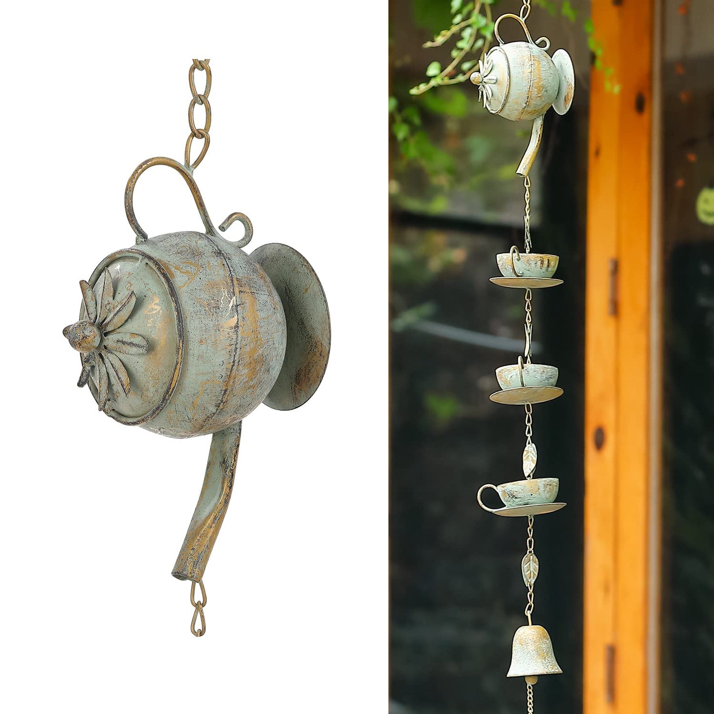 Jemeni 40" H Teapot & Cups Rain Chime with Bell Hanging, Green Patina…