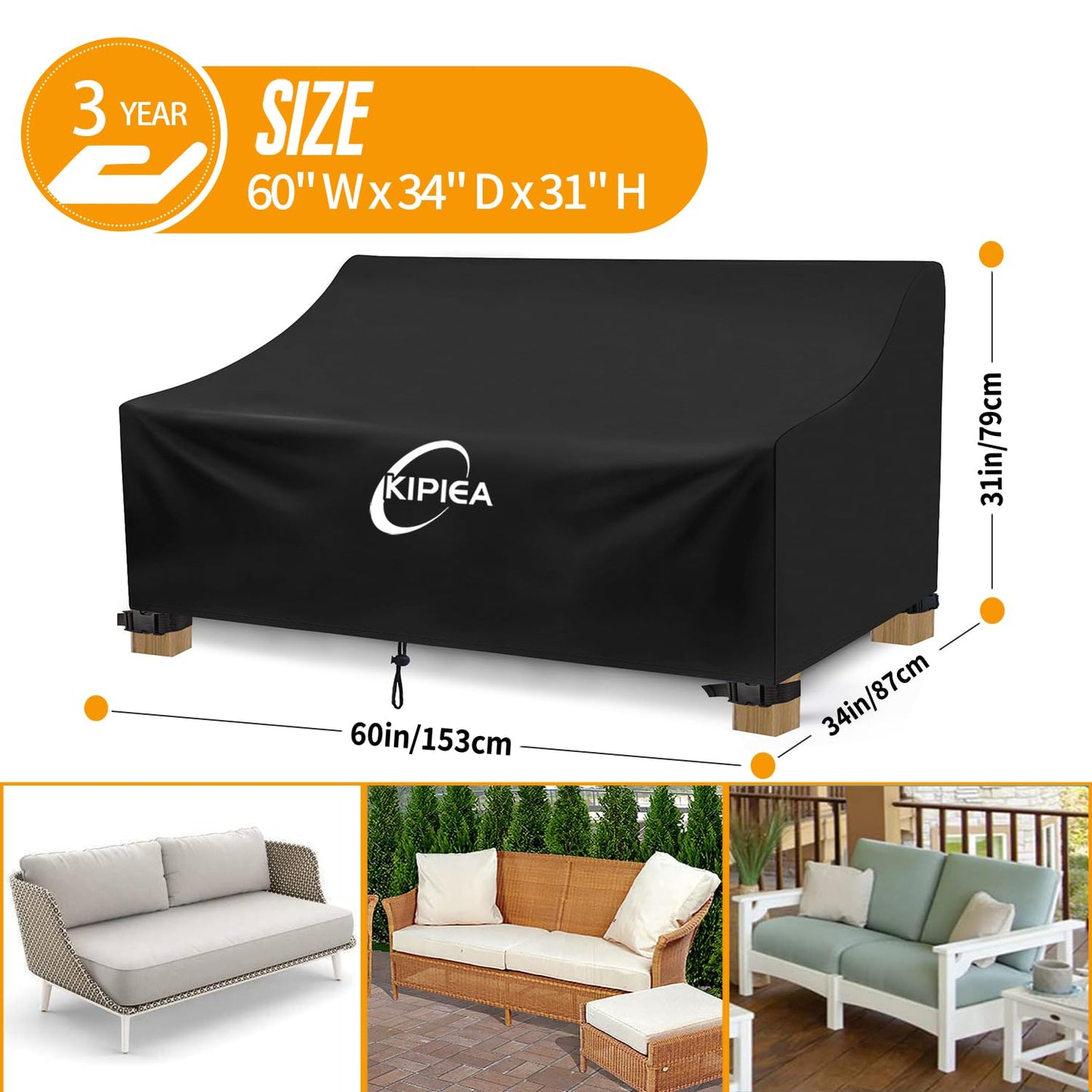 Kipiea Patio Sofa Cover, Heavy Duty 600D Outdoor Couch Cover Waterproof Winter, 2-Seat Patio Furniture Cover Loveseat, Outdoor Sofa Covers with Anti UV and No Tears, No Fading (60" W x 34" D x 31" H)
