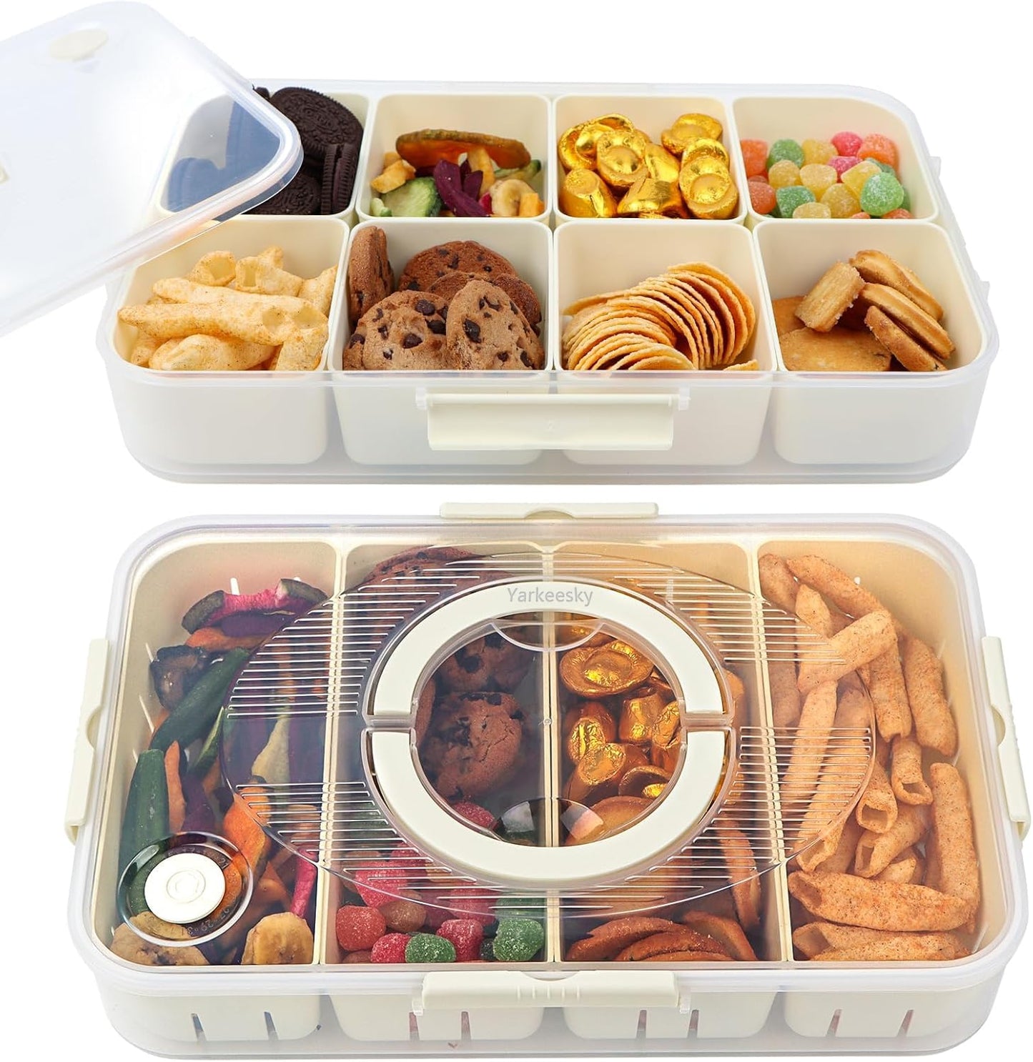 YarkeeSky 2PCS Divided Snackle Box Dishwasher Safe, Air-tight Snack Box Container, Portable Snack Platters, Divided Serving Tray with Lid and Handle for Candy Fruits Nuts, Veggie Tray 4+8 Compartments