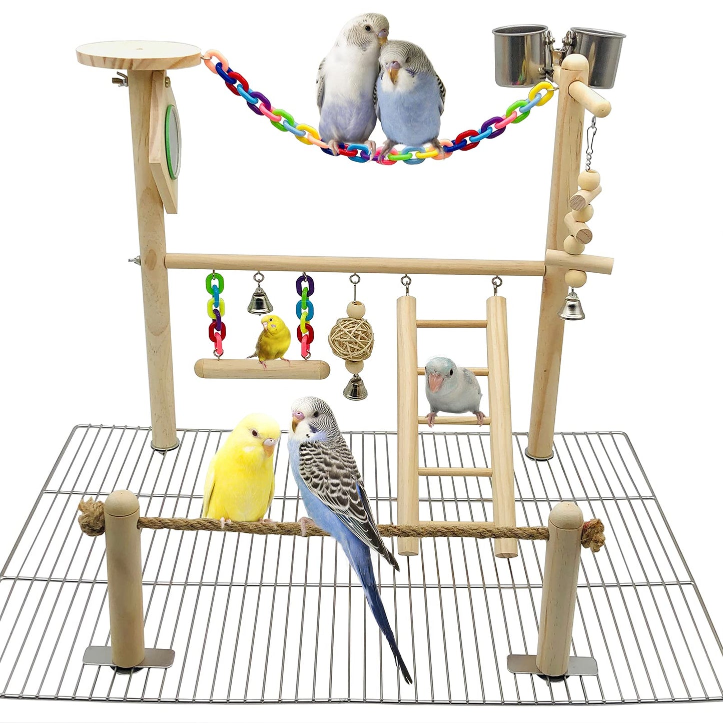 Bird Playground Top Cage, Parrot Gym Hanging Chewing Toys, Cage Top Play Stand for Conure, Parakeets, Budgie, Cockatiels, Lovebirds, Wood Perch Toys