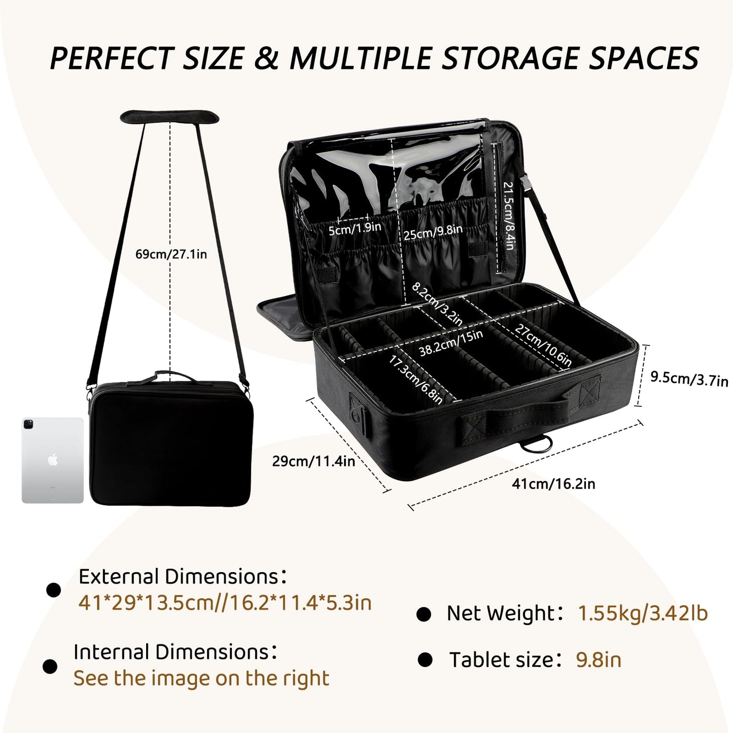 GZCZ Travel Makeup Bag,3 Layers Large Capacity Professional Makeup Train Case Cosmetic Organizer Bag Portable Artist Storage Bag 16.5 inches with Adjustable Dividers and Shoulder Strap(Black Large)