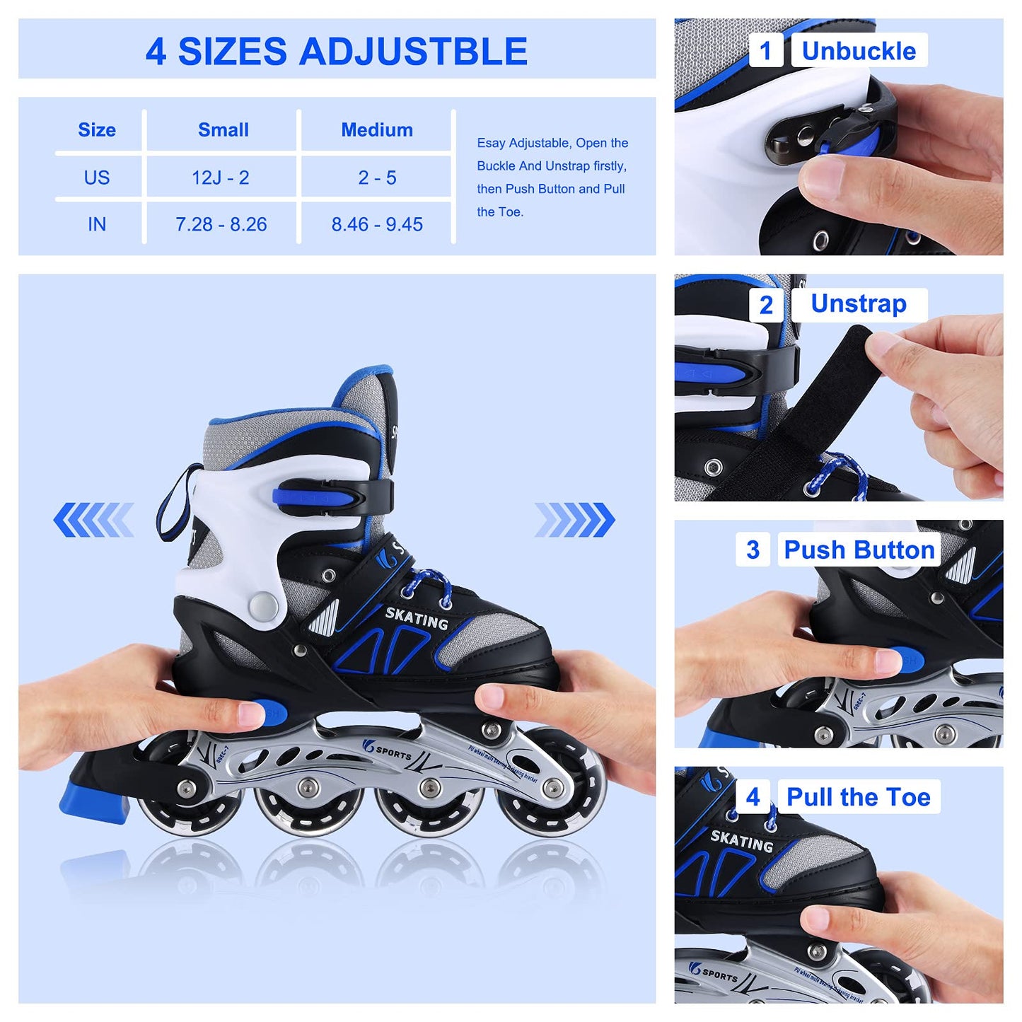 Inline Skates for Kids Girls Boys Beginners, 4 Size Adjustable Size with Light Up Wheels for Children. (Blue, Small(12J-2))