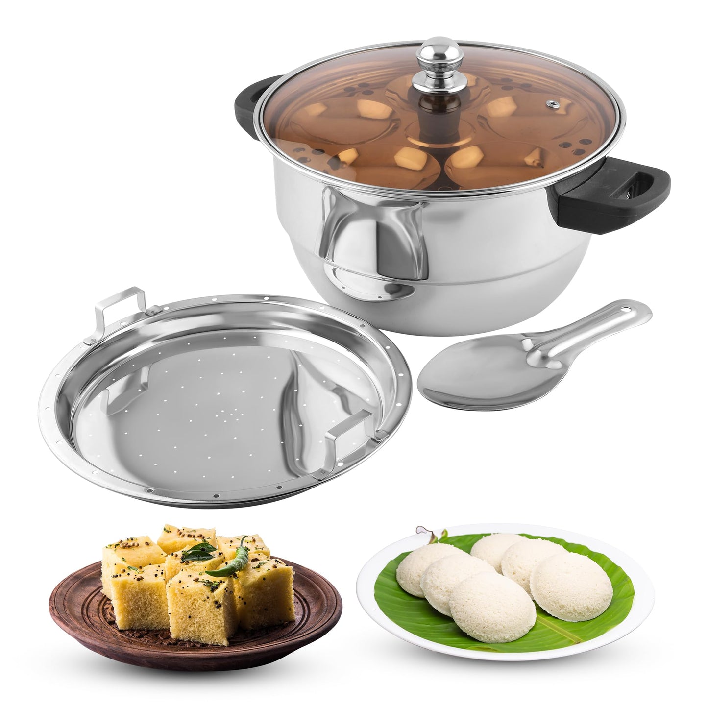 KSJONE See Through lid 5 Pcs Stainless Steel Induction Friendly Idli Cooker Multi Kadai for Indian Cooking with 3 idli Plates (15 Idlis), 1 Patra Plate and 1 Idli Spoon, Silver